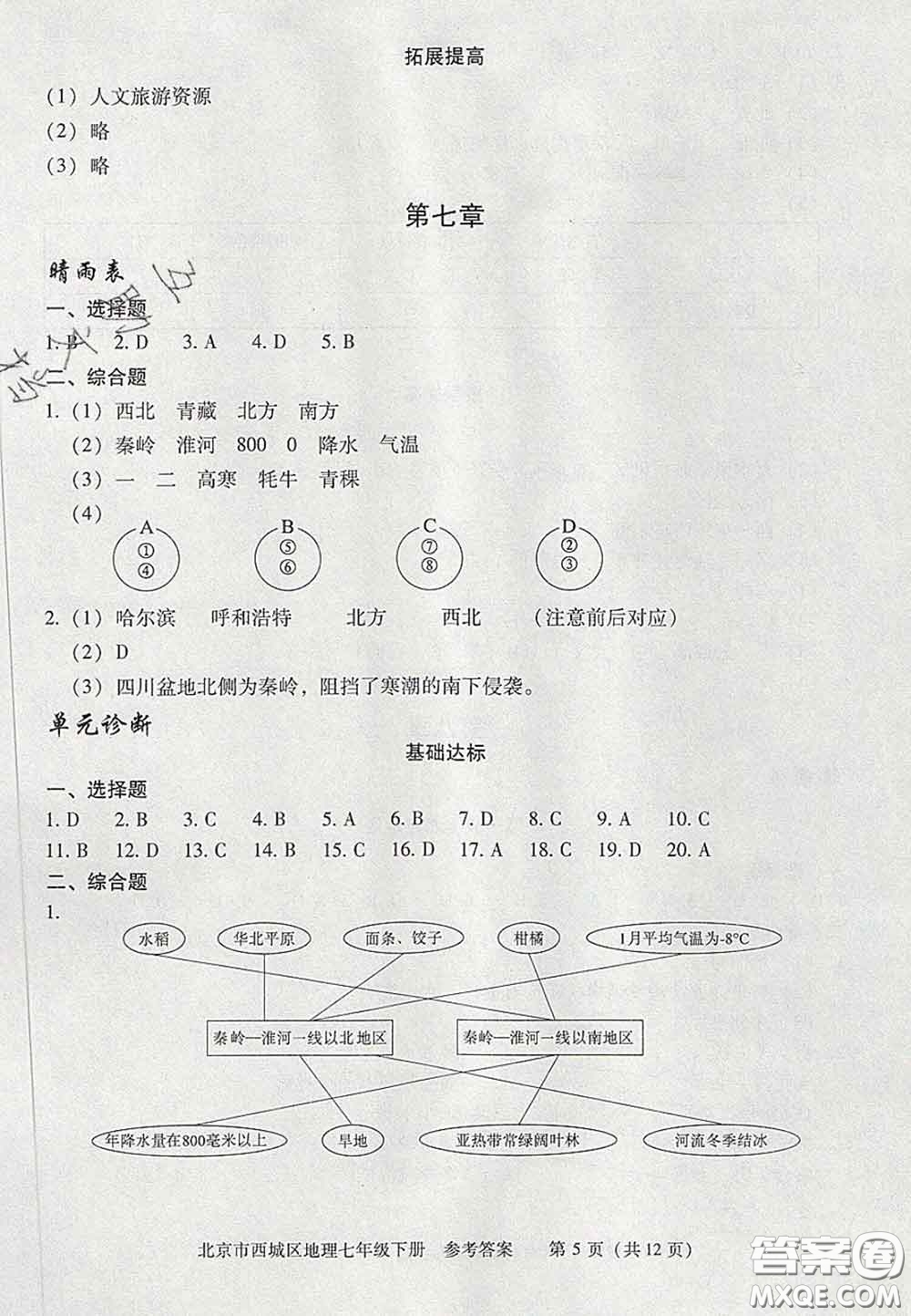 2020春北京西城學(xué)習(xí)探究診斷七年級(jí)地理下冊(cè)人教版答案