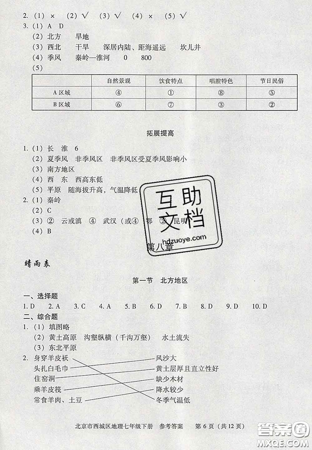 2020春北京西城學(xué)習(xí)探究診斷七年級(jí)地理下冊(cè)人教版答案