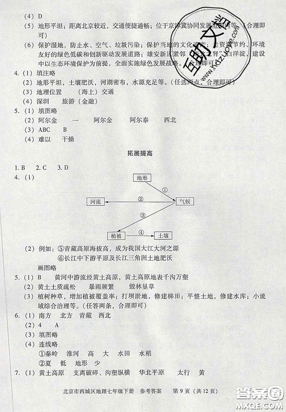 2020春北京西城學(xué)習(xí)探究診斷七年級(jí)地理下冊(cè)人教版答案