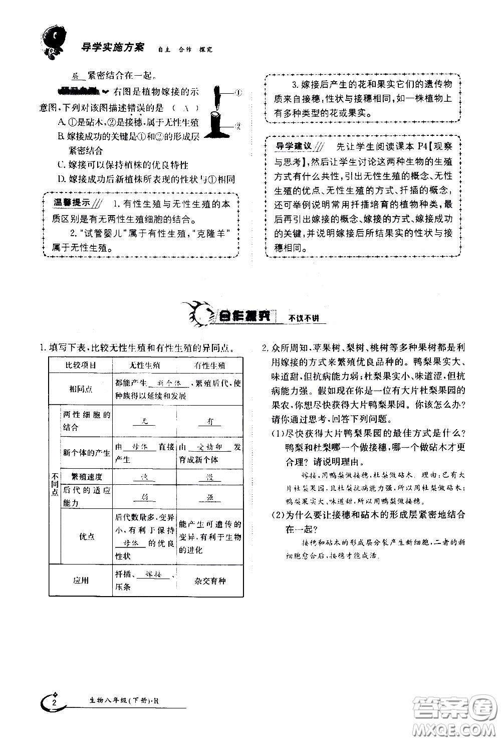 江西高校出版社2020年金太陽導(dǎo)學(xué)案生物八年級下冊參考答案