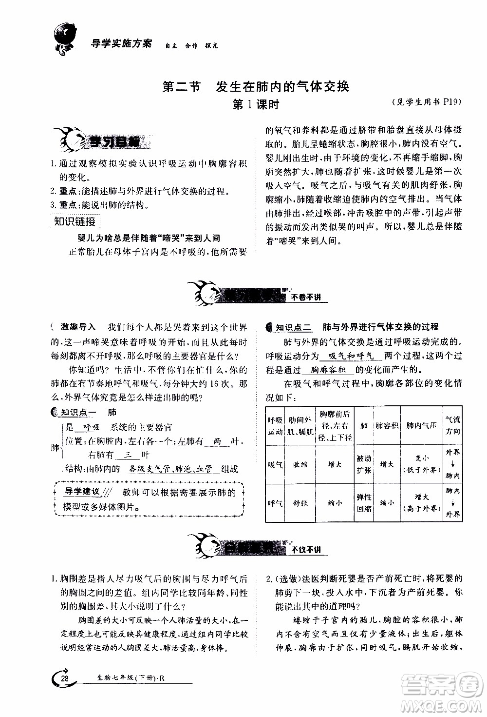 江西高校出版社2020年金太陽導(dǎo)學(xué)案生物七年級下冊參考答案