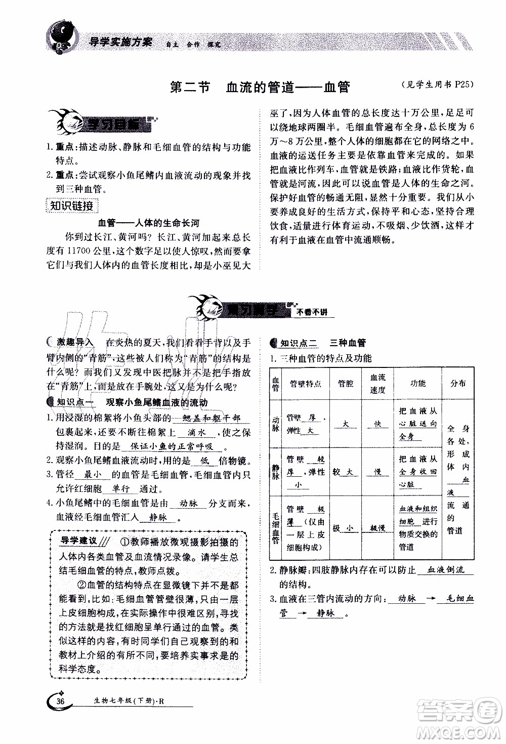 江西高校出版社2020年金太陽導(dǎo)學(xué)案生物七年級下冊參考答案