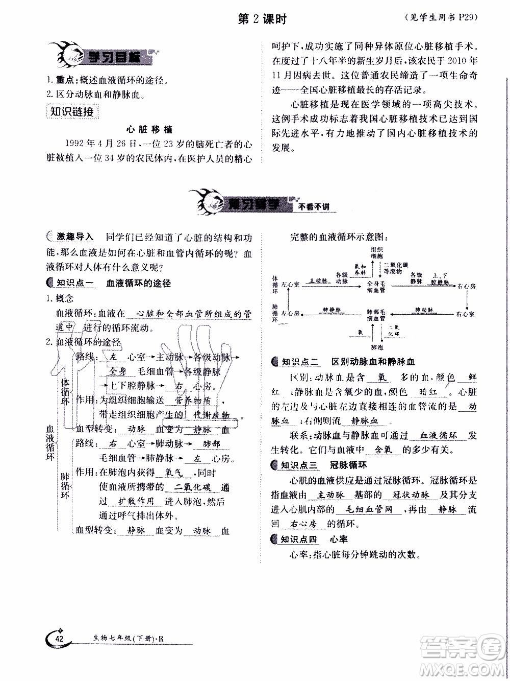 江西高校出版社2020年金太陽導(dǎo)學(xué)案生物七年級下冊參考答案