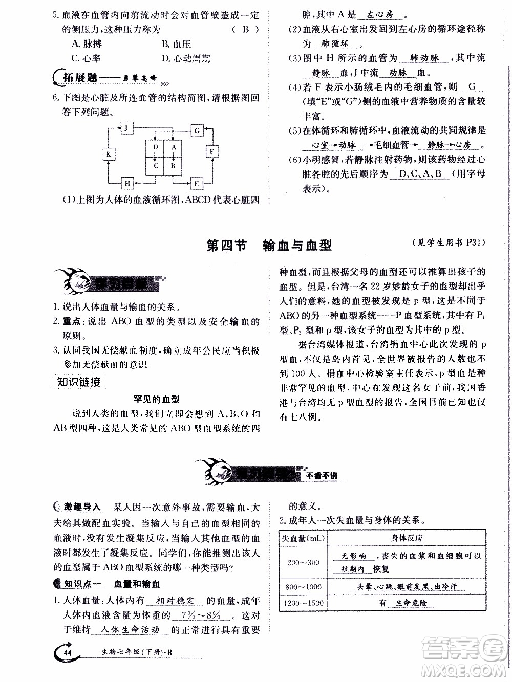 江西高校出版社2020年金太陽導(dǎo)學(xué)案生物七年級下冊參考答案