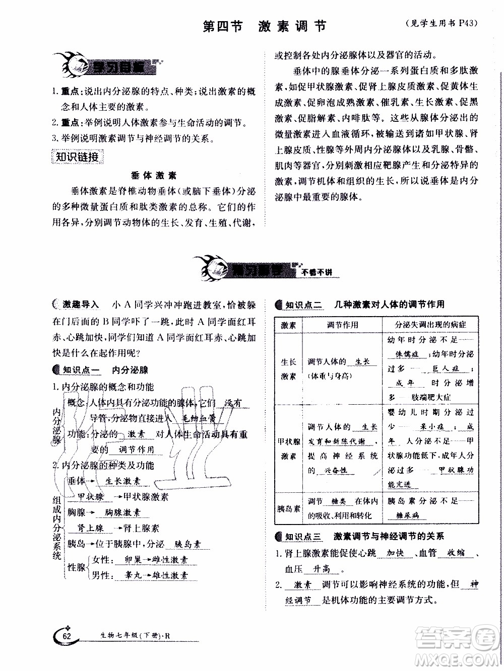 江西高校出版社2020年金太陽導(dǎo)學(xué)案生物七年級下冊參考答案