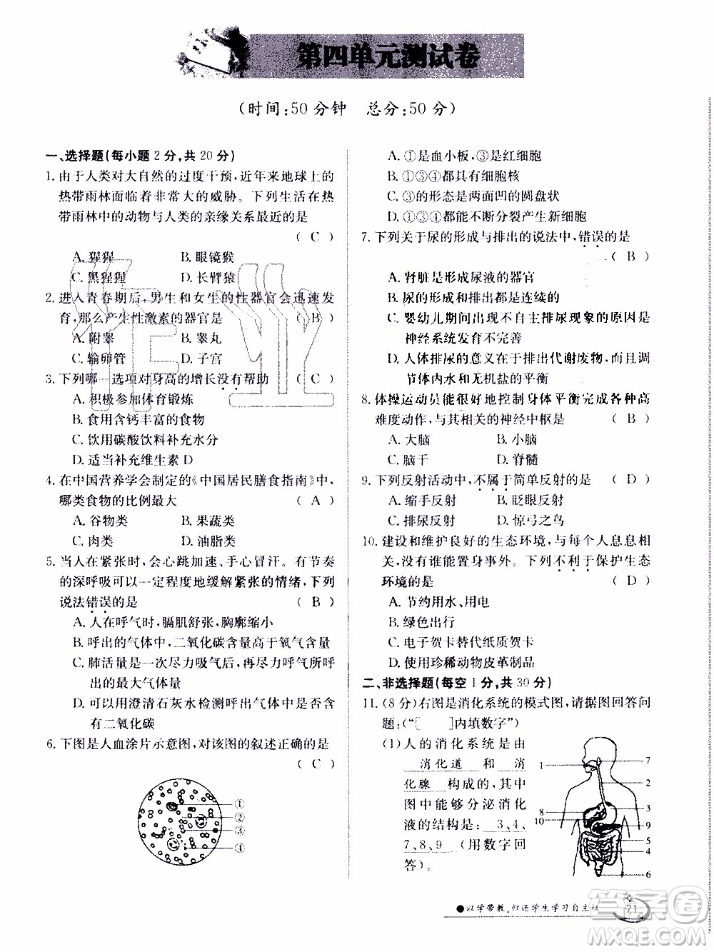 江西高校出版社2020年金太陽導(dǎo)學(xué)案生物七年級下冊參考答案