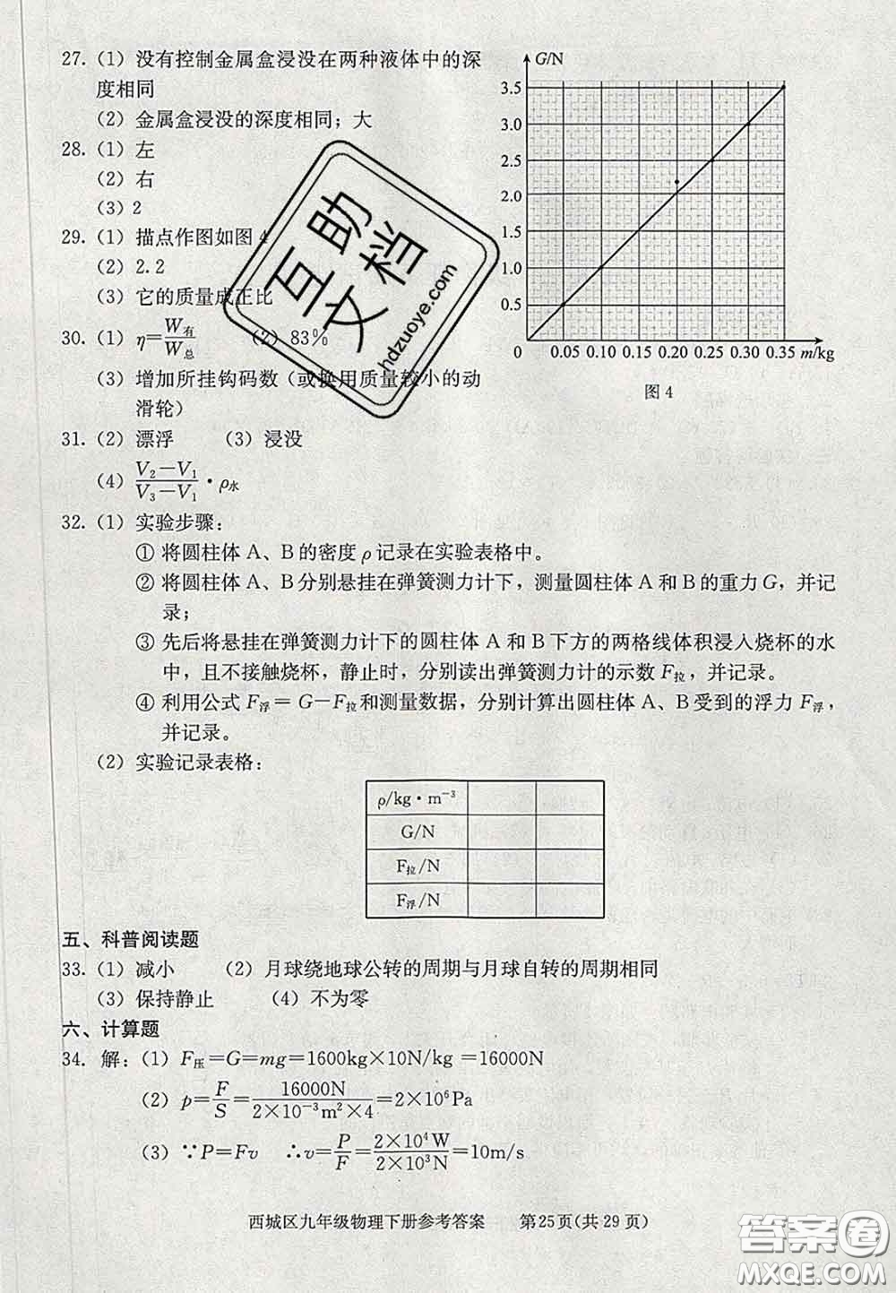 2020春北京西城學(xué)習(xí)探究診斷九年級(jí)物理下冊(cè)人教版答案