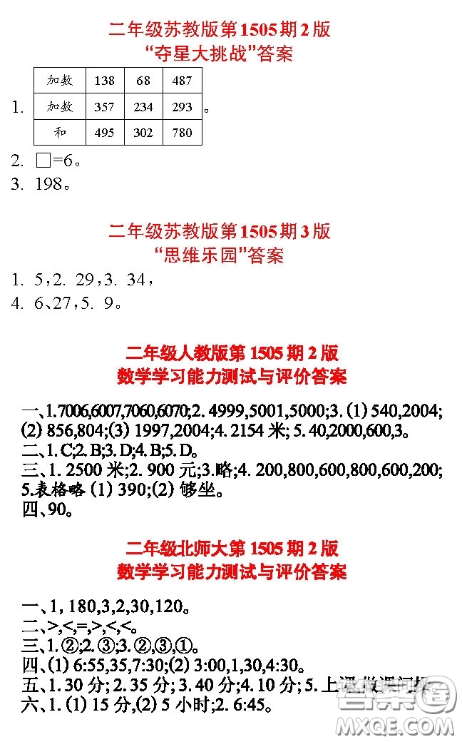 2020年小學(xué)生數(shù)學(xué)報(bào)二年級(jí)下學(xué)期第1505期答案