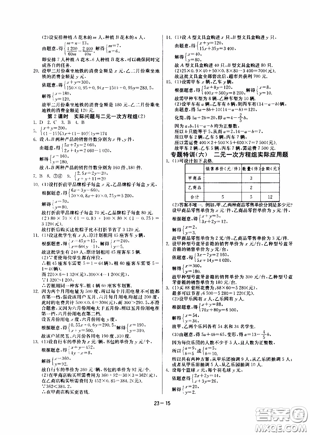 江蘇人民出版社2020年課時訓練數學七年級下冊RMJY人民教育版參考答案