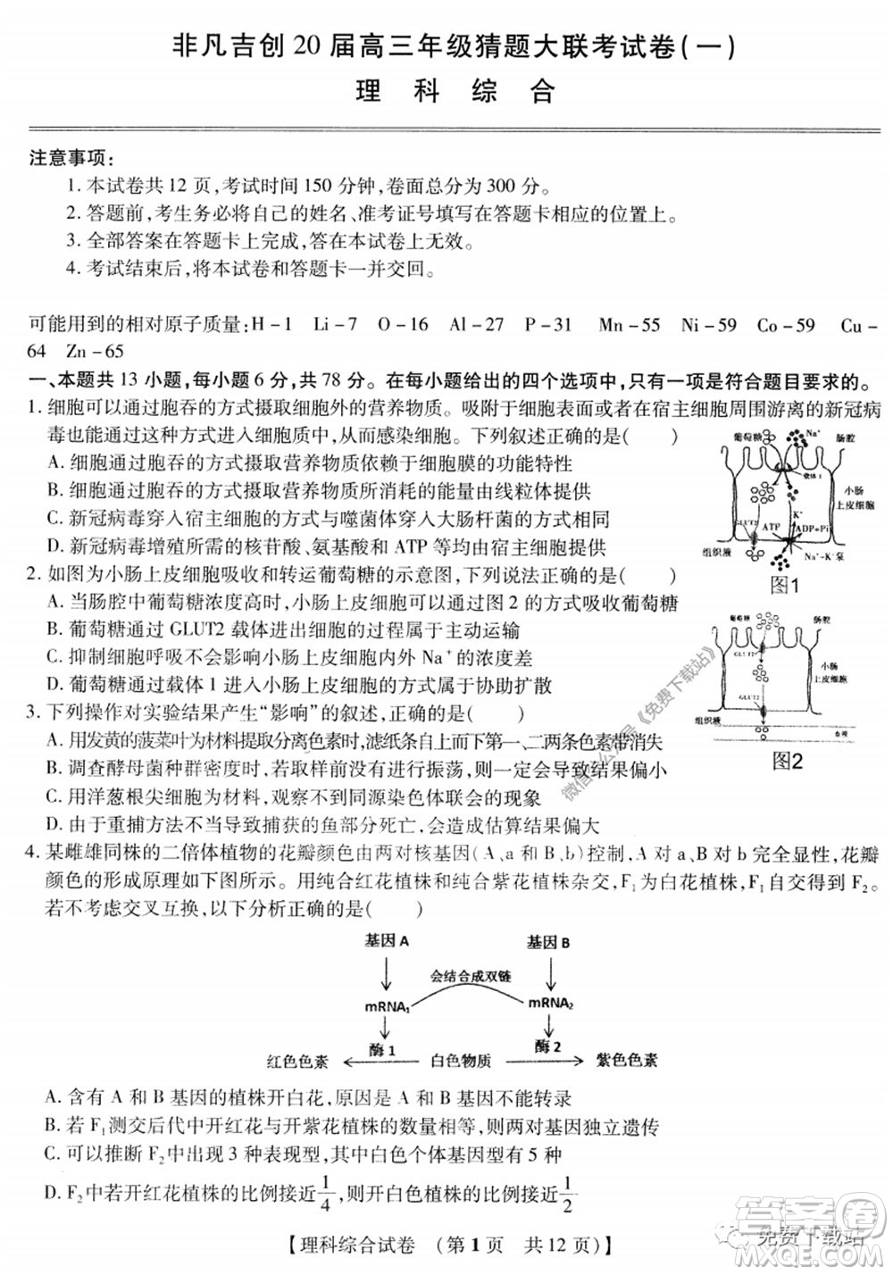 非凡吉?jiǎng)?chuàng)2020屆高三年級(jí)猜題大聯(lián)考試卷一理科綜合試題及答案