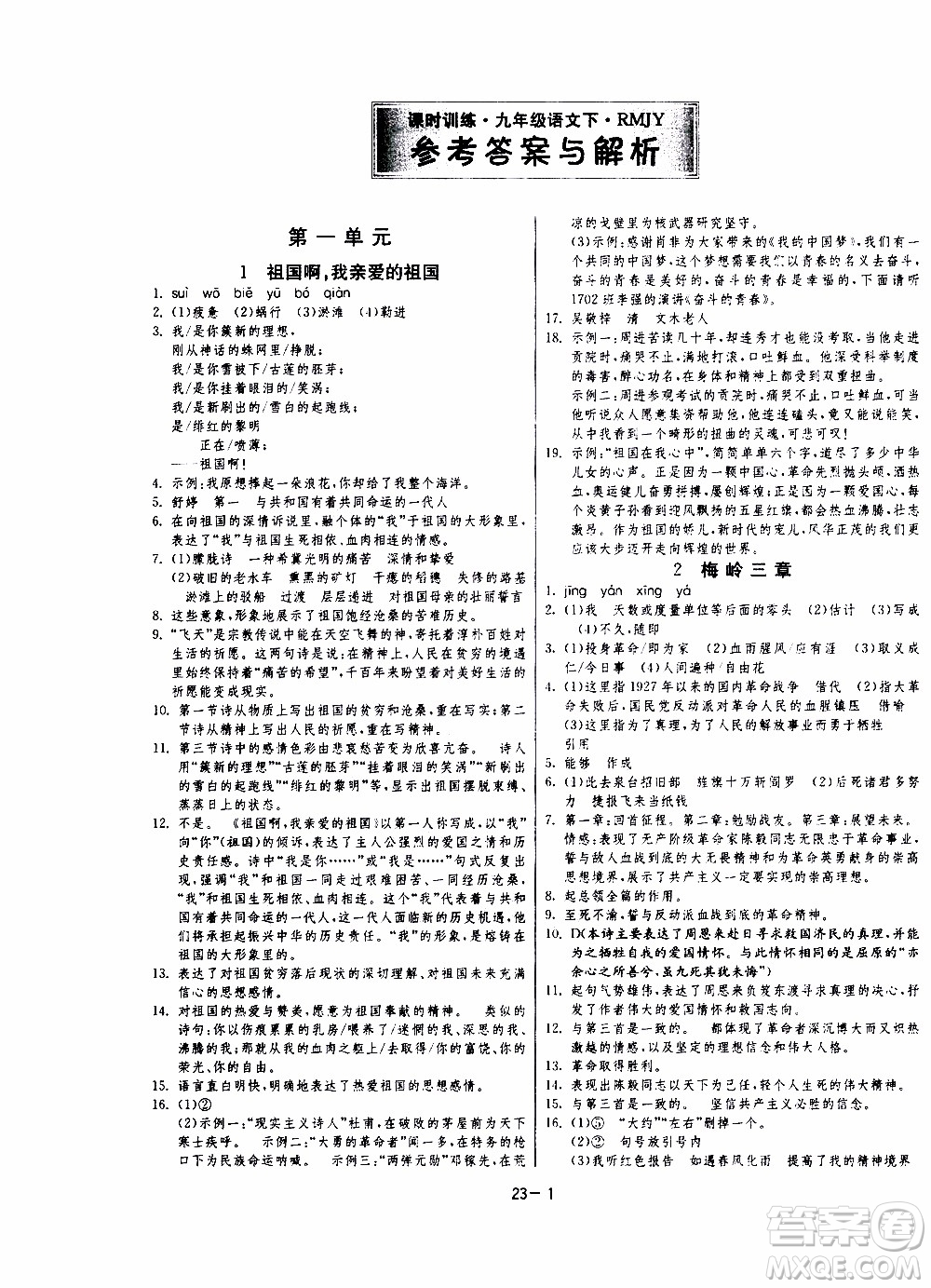 2020年課時訓(xùn)練九年級下冊語文RMJY人民教育版參考答案