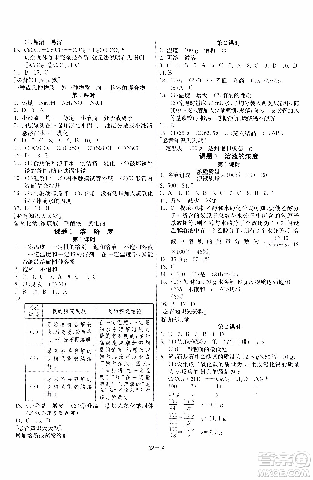 2020年課時訓練九年級下冊化學RMJY人民教育版參考答案