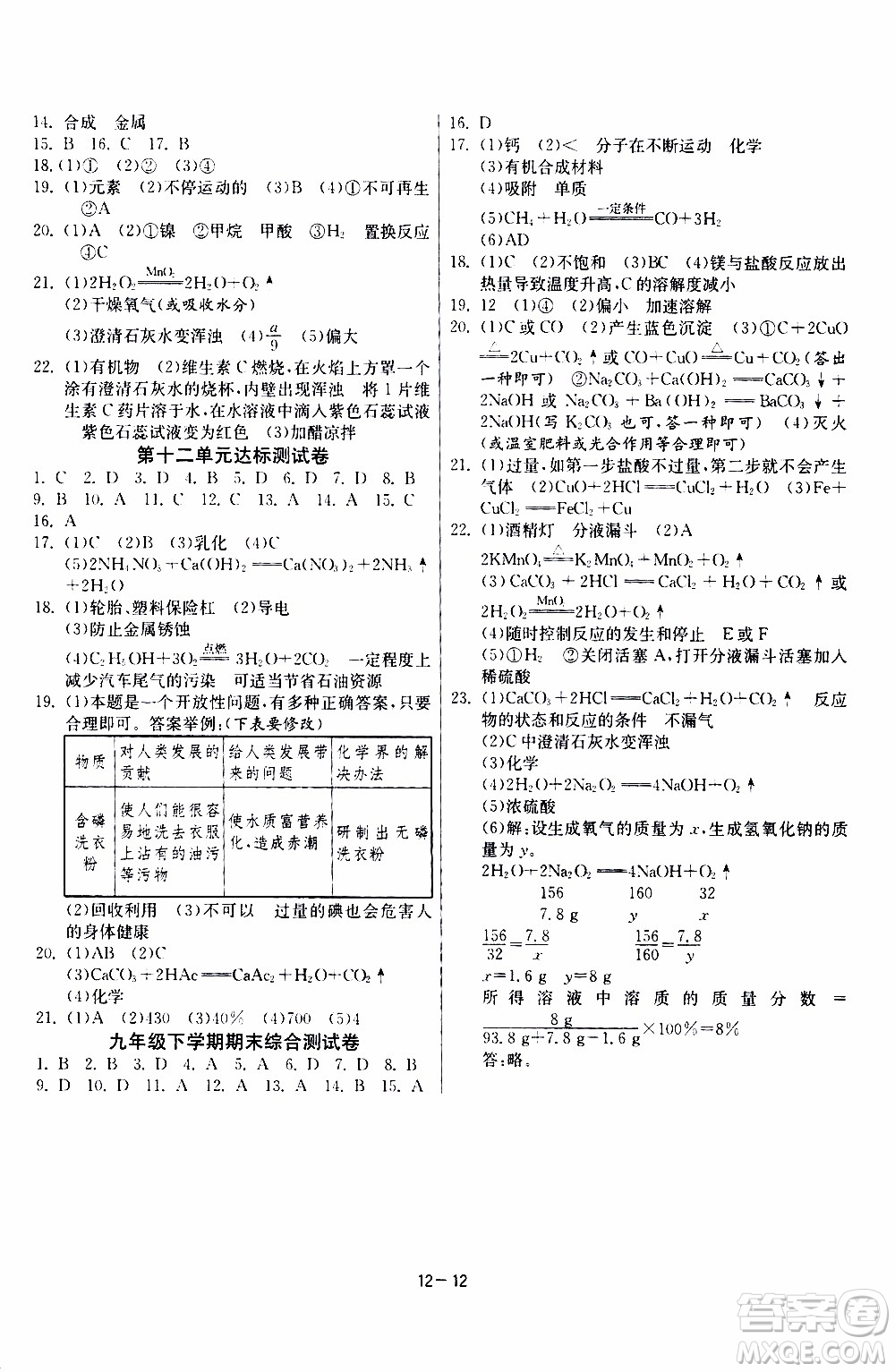 2020年課時訓練九年級下冊化學RMJY人民教育版參考答案