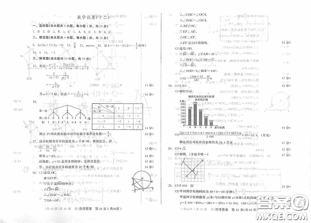 2020年長(zhǎng)春市中考綜合學(xué)習(xí)評(píng)價(jià)與檢測(cè)數(shù)學(xué)答案