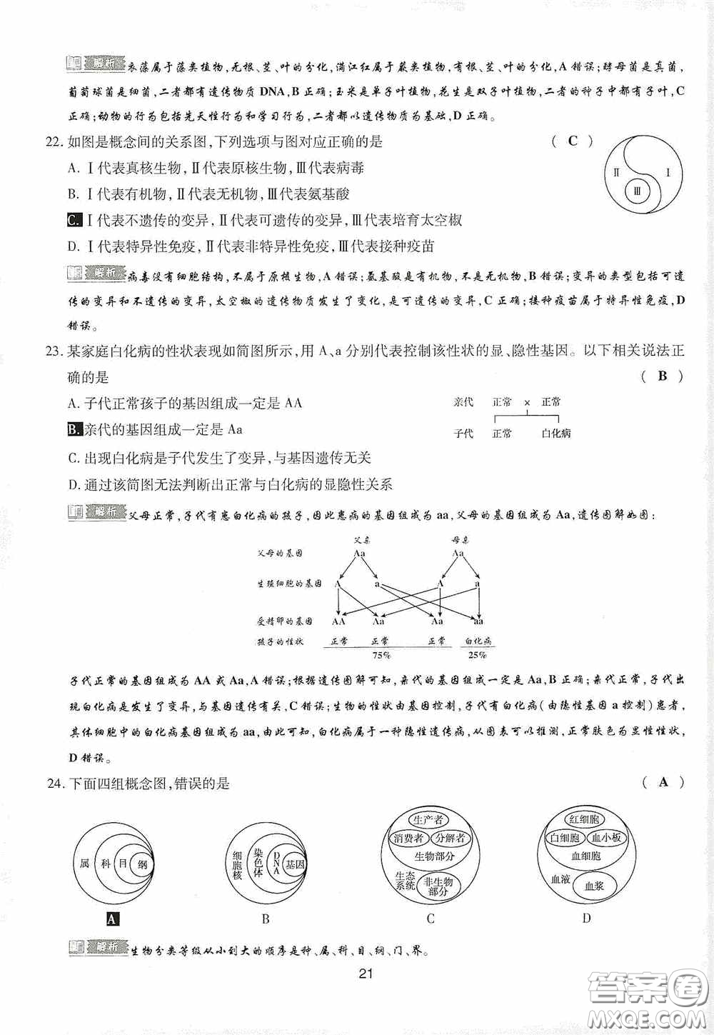 2020江西中考必備中考一卷通生物答案