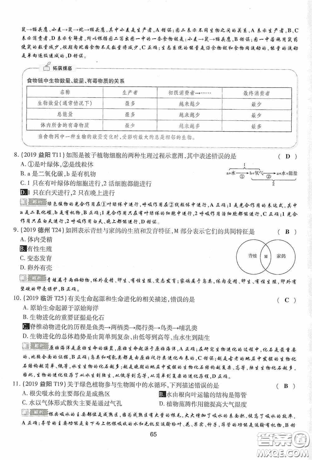 2020江西中考必備中考一卷通生物答案