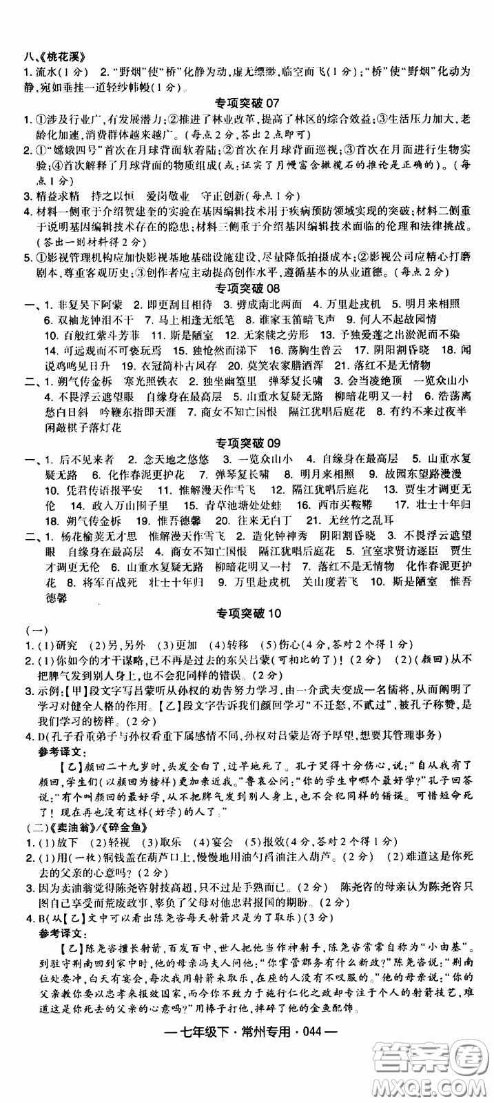 經(jīng)綸學(xué)典2020年學(xué)霸組合訓(xùn)練語(yǔ)文七年級(jí)下冊(cè)常州專(zhuān)用參考答案