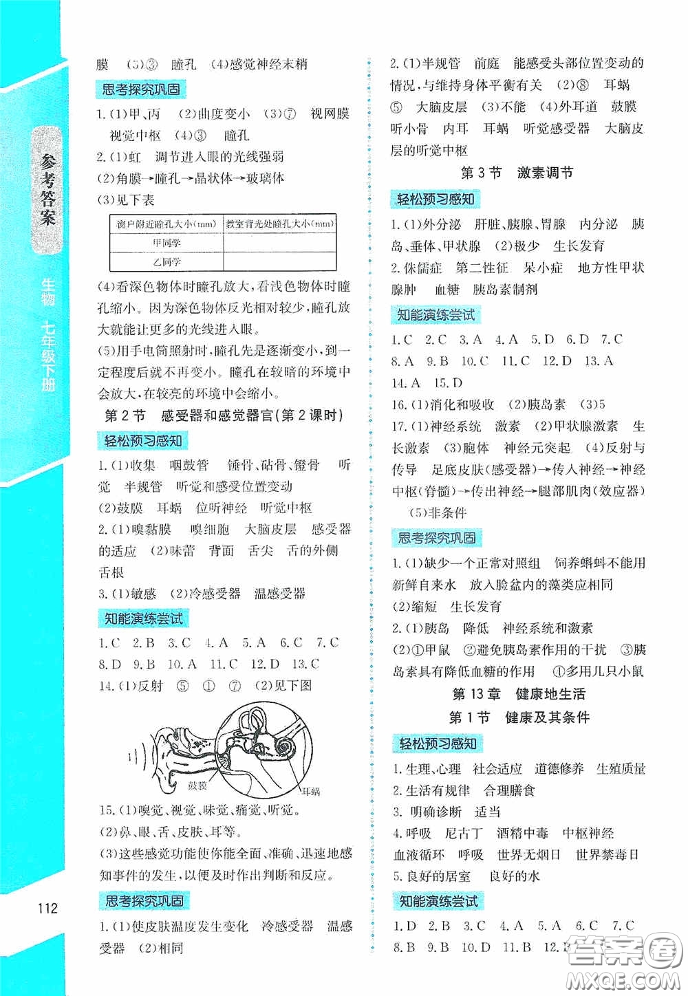 2020課內(nèi)課外直通車七年級(jí)生物下冊(cè)北師大版答案