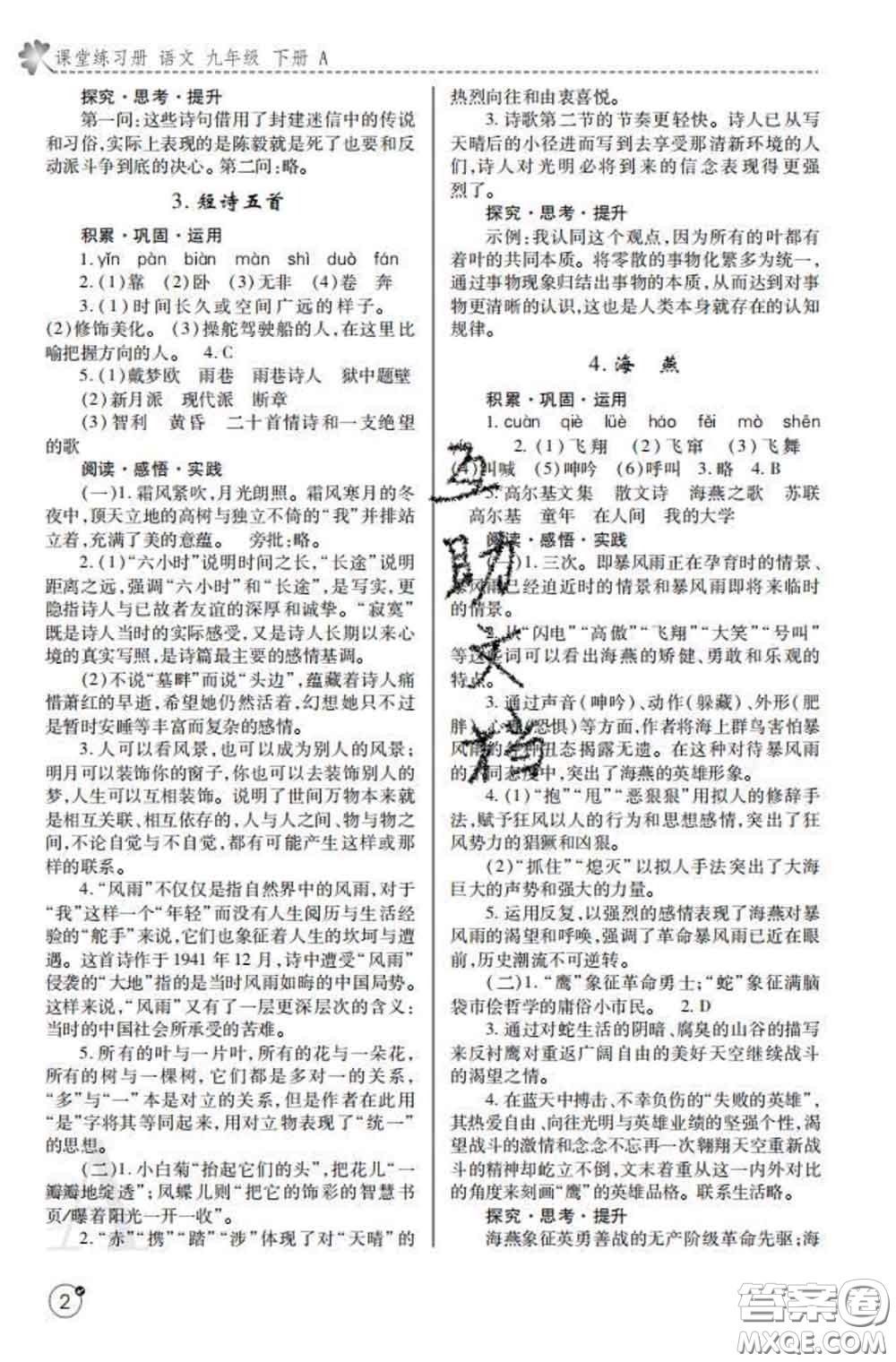 陜西師范大學(xué)出版社2020春課堂練習(xí)冊九年級語文下冊A版答案