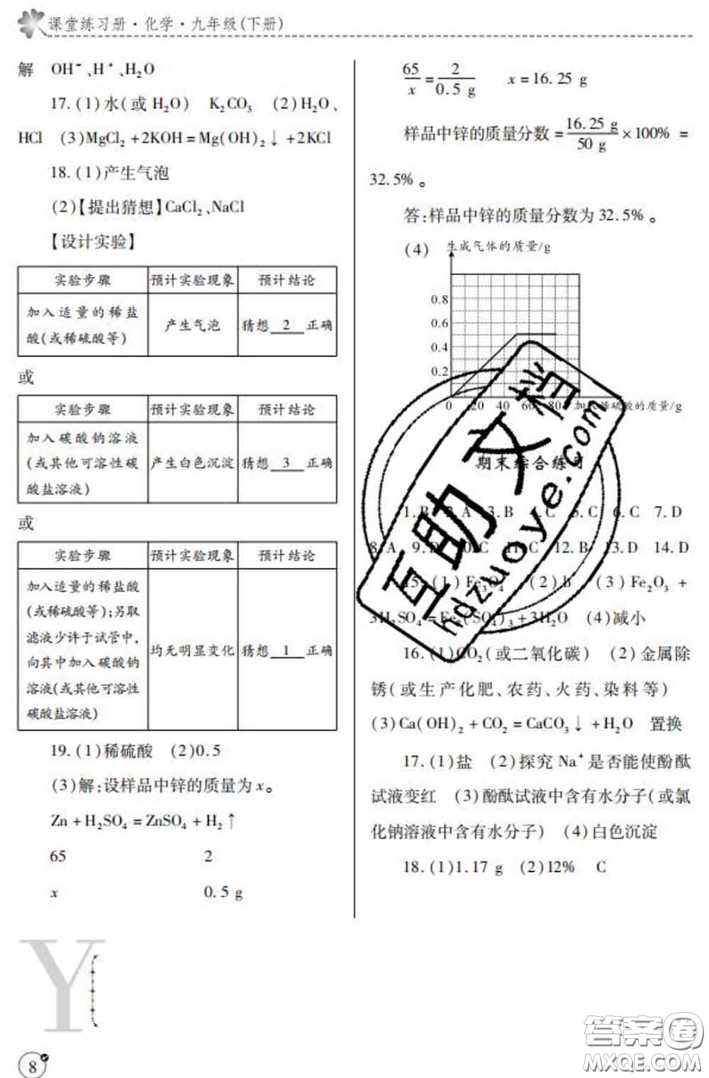 陜西師范大學(xué)出版社2020春課堂練習(xí)冊九年級化學(xué)下冊Y版答案