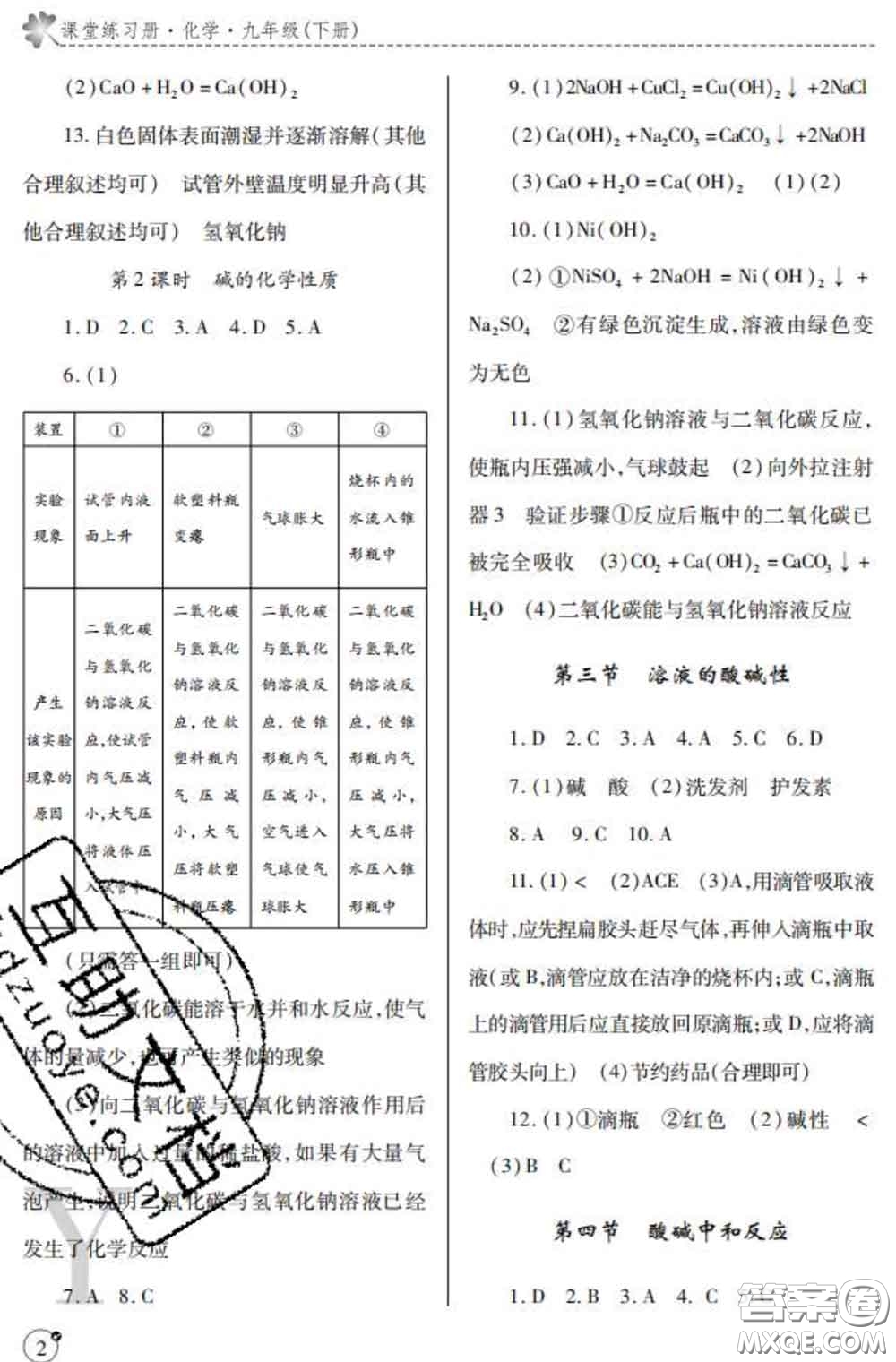 陜西師范大學(xué)出版社2020春課堂練習(xí)冊九年級化學(xué)下冊Y版答案