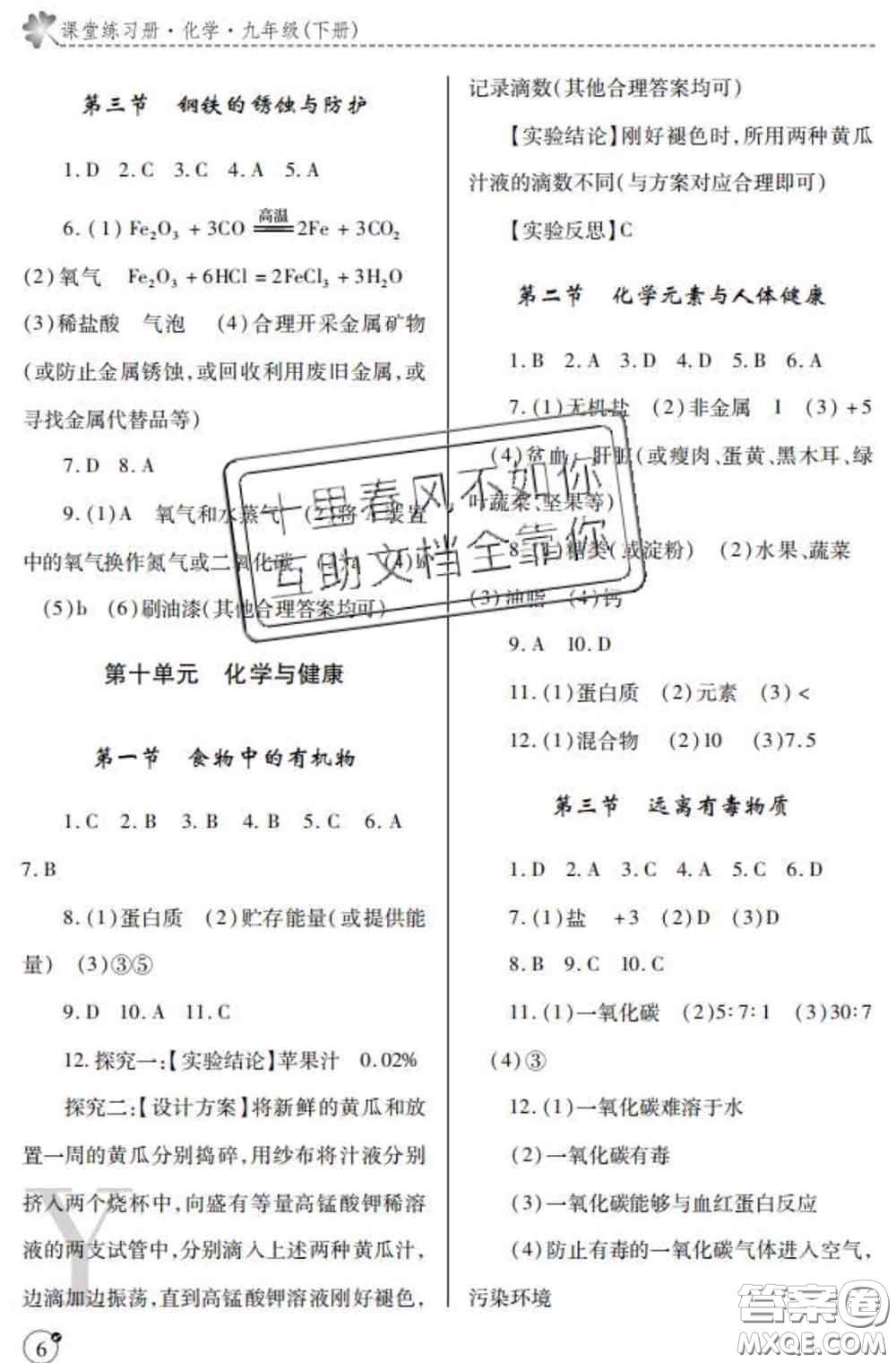 陜西師范大學(xué)出版社2020春課堂練習(xí)冊九年級化學(xué)下冊Y版答案