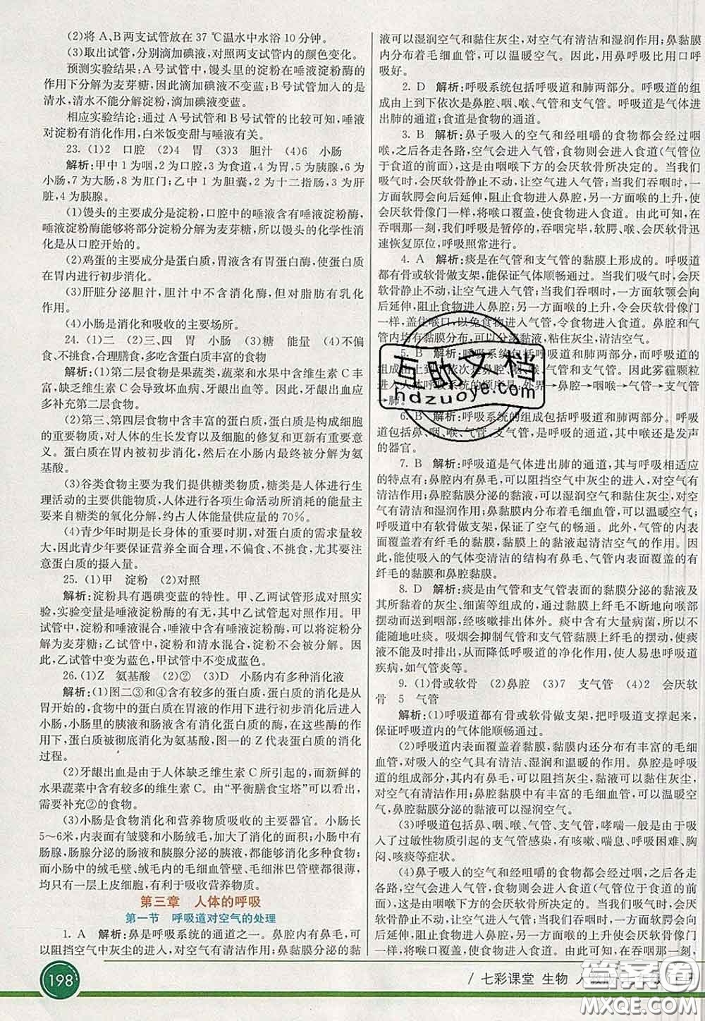 河北教育出版社2020春七彩課堂七年級(jí)生物下冊(cè)人教版答案