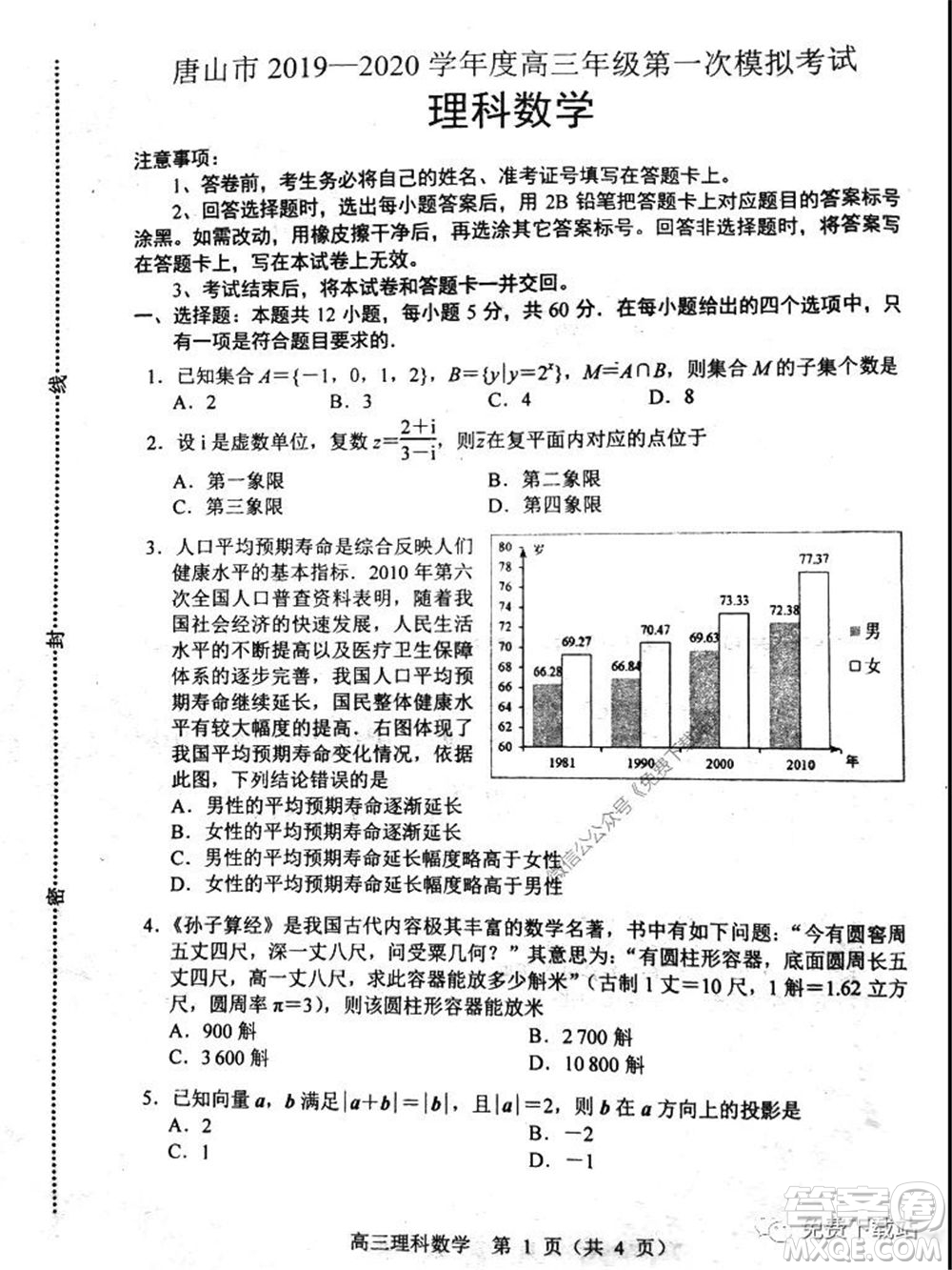 唐山市2019-2020學年度高三年級第一次模擬考試理科數(shù)學試題及答案