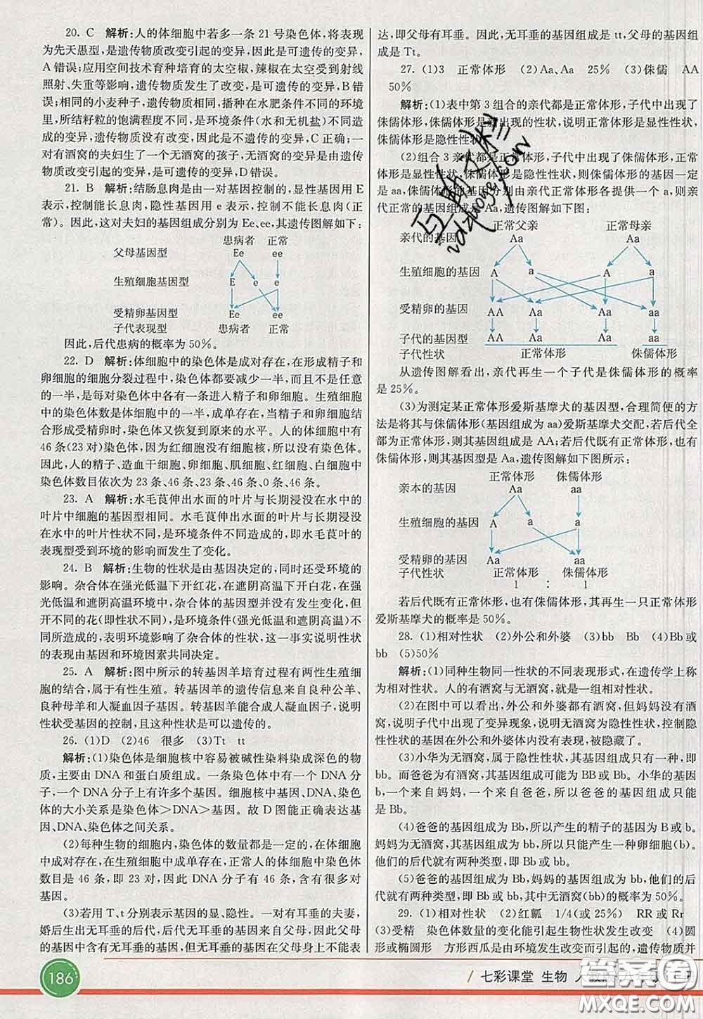 河北教育出版社2020春七彩課堂八年級生物下冊人教版答案