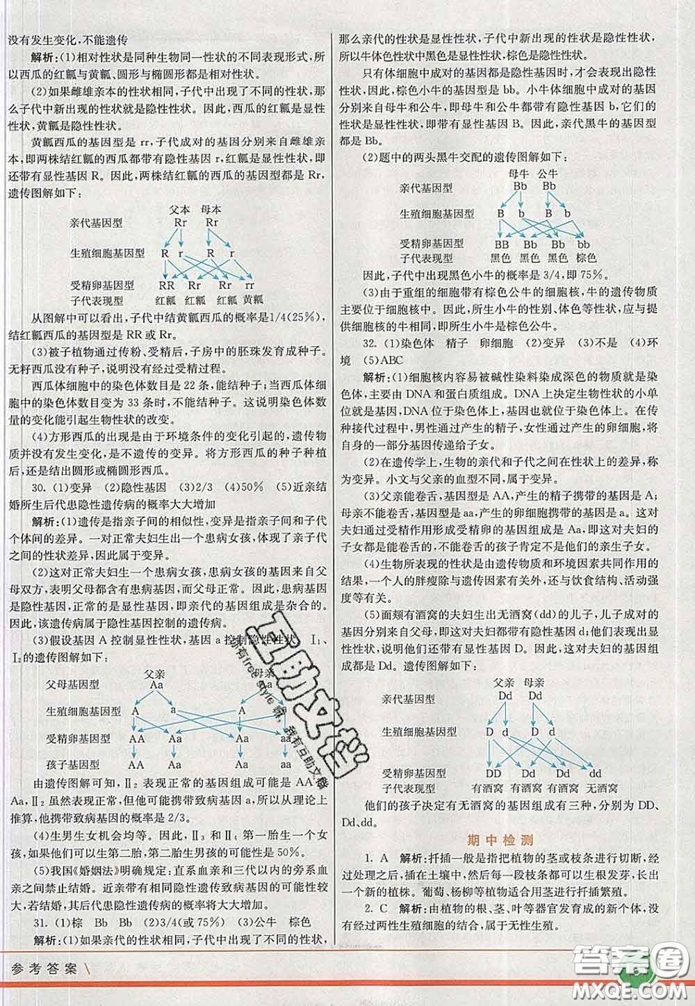 河北教育出版社2020春七彩課堂八年級生物下冊人教版答案