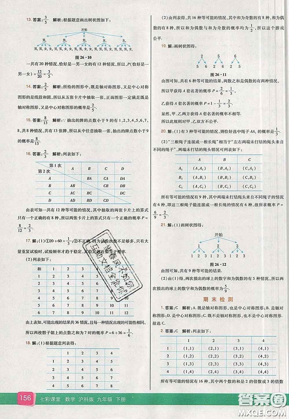 河北教育出版社2020春七彩課堂九年級(jí)數(shù)學(xué)下冊(cè)滬科版答案