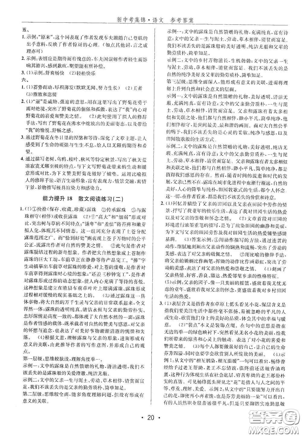 浙江人民出版社2020新中考集錦全程復習訓練語文課堂講解本答案