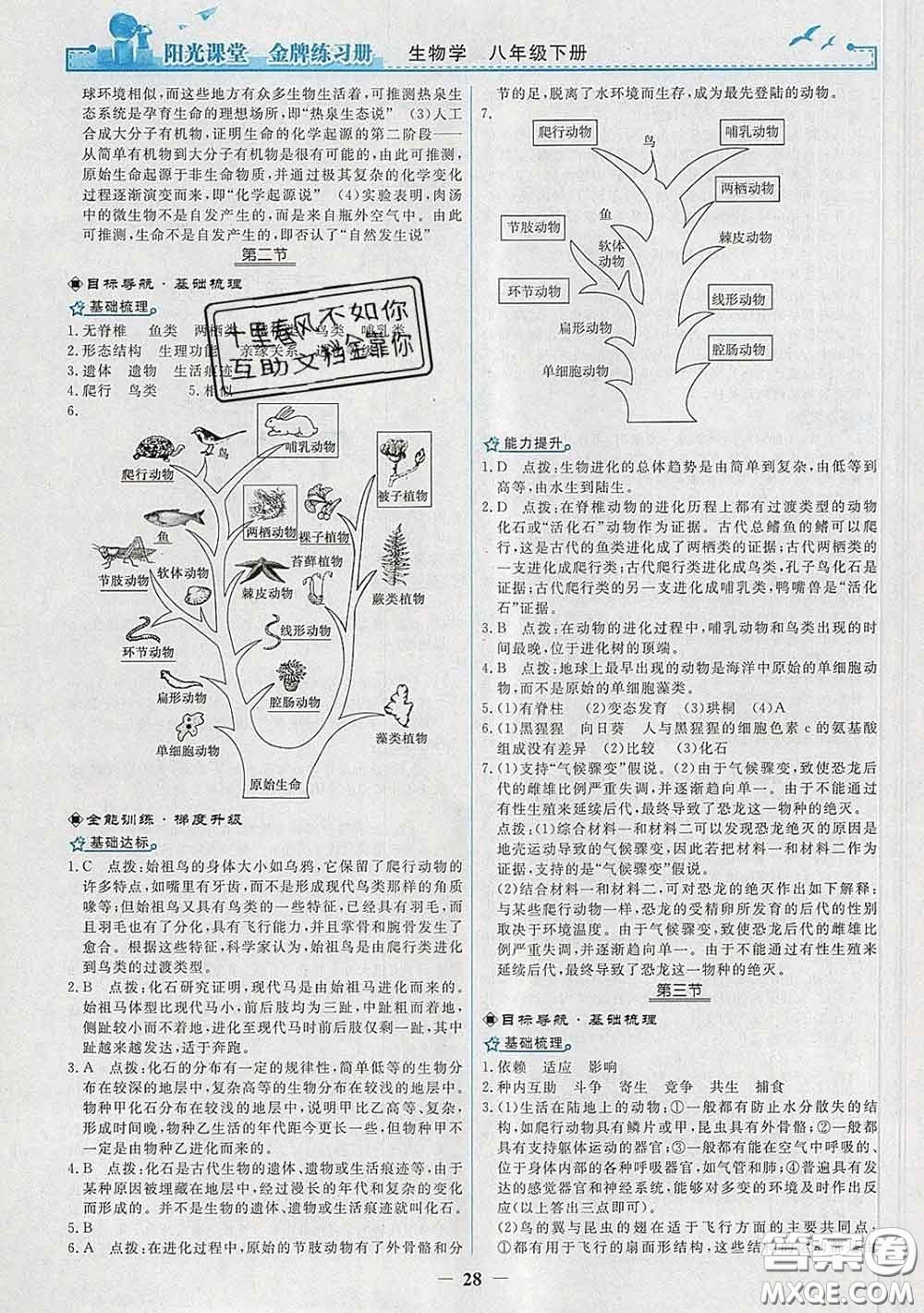 2020新版陽光課堂金牌練習(xí)冊八年級生物下冊人教版答案