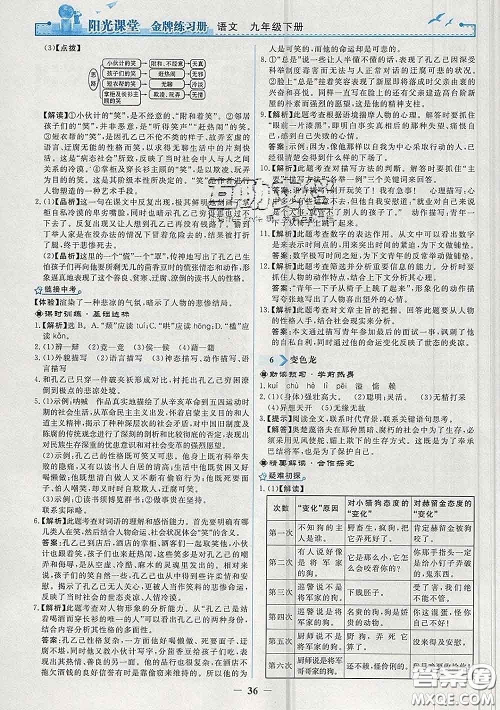 2020新版陽光課堂金牌練習冊九年級語文下冊人教版答案