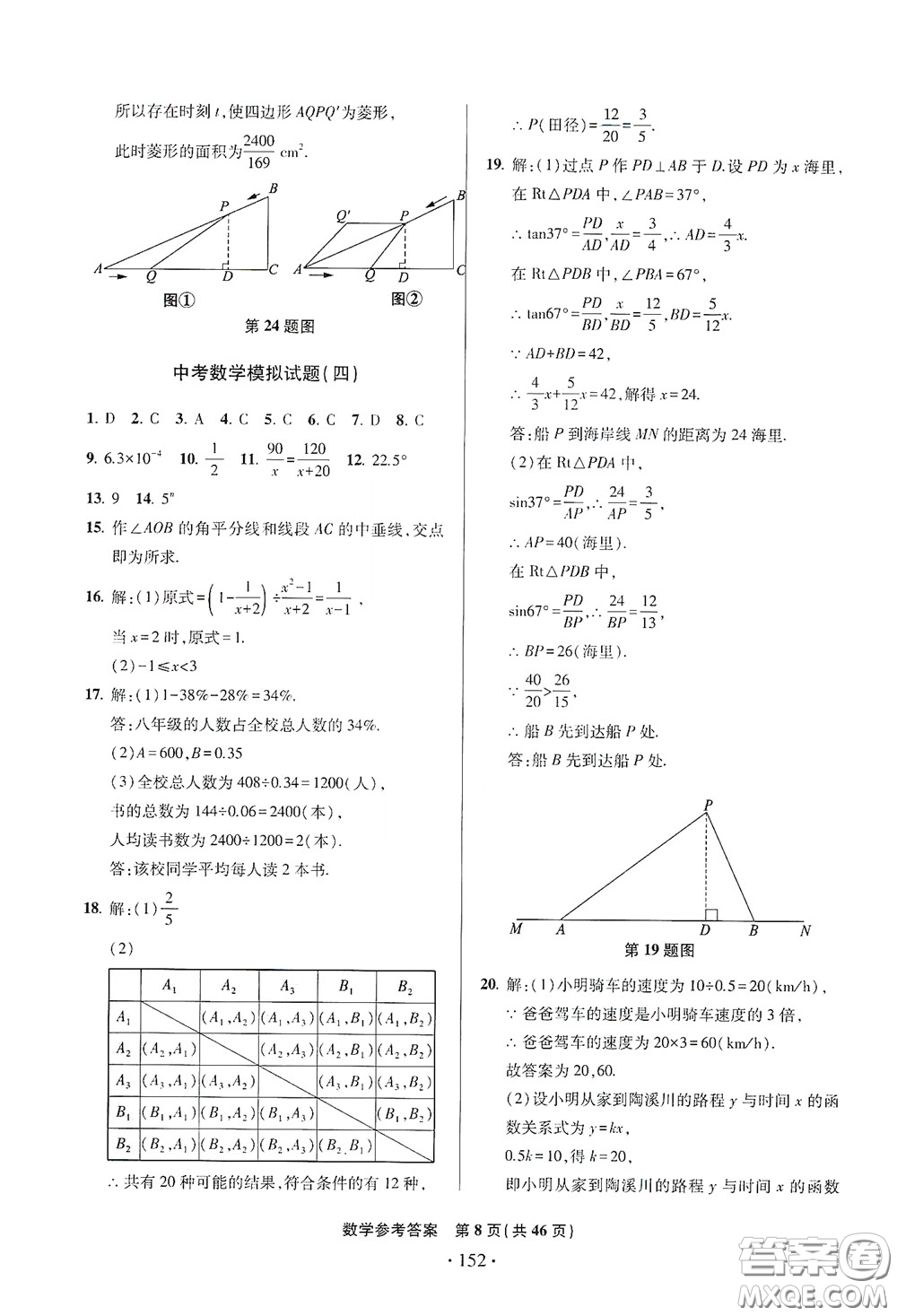 2020一本必勝中考數(shù)學(xué)模擬試題銀版答案