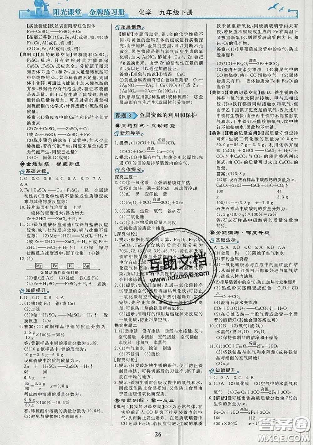 2020新版陽光課堂金牌練習(xí)冊九年級(jí)化學(xué)下冊人教版答案