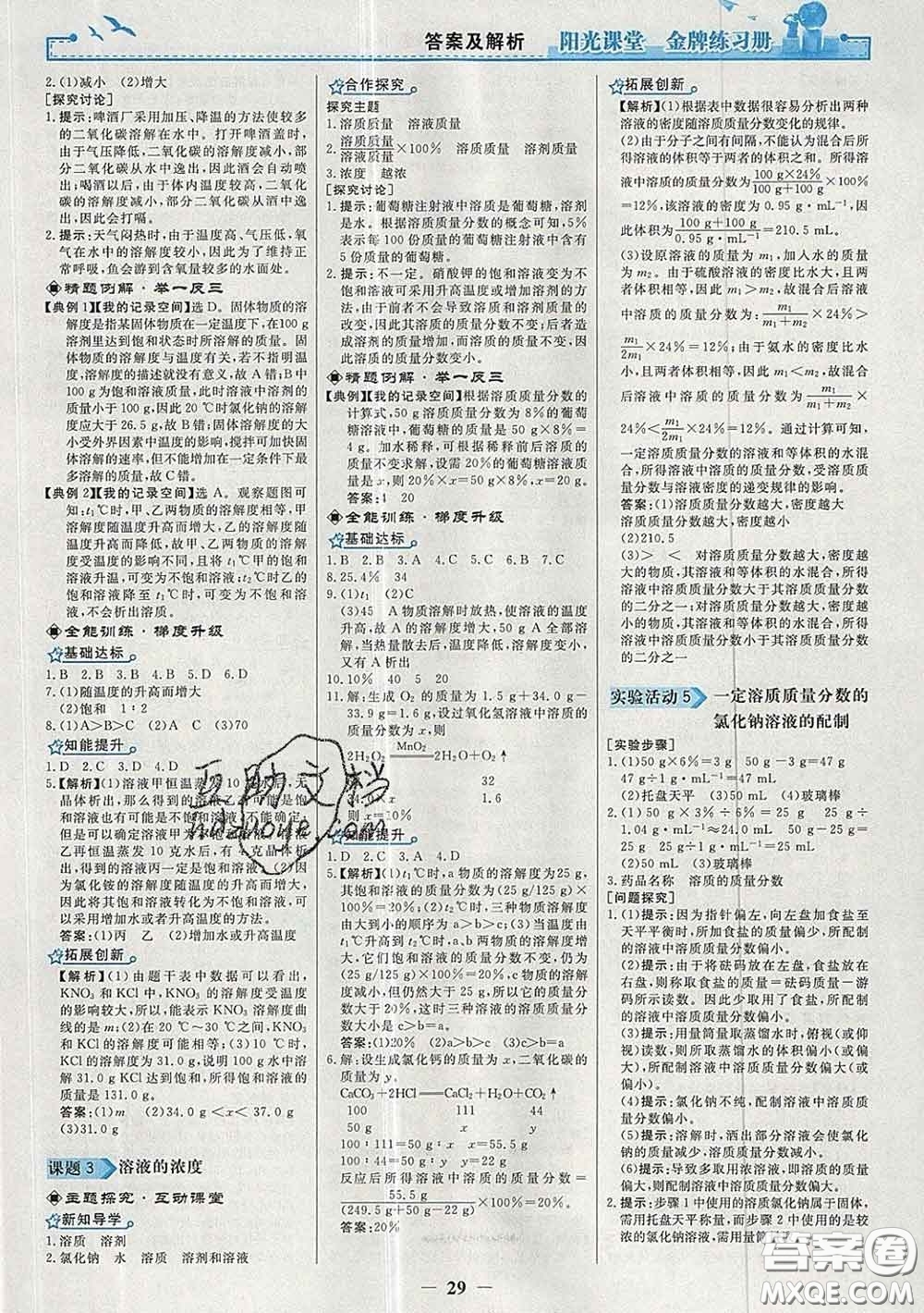 2020新版陽光課堂金牌練習(xí)冊九年級(jí)化學(xué)下冊人教版答案