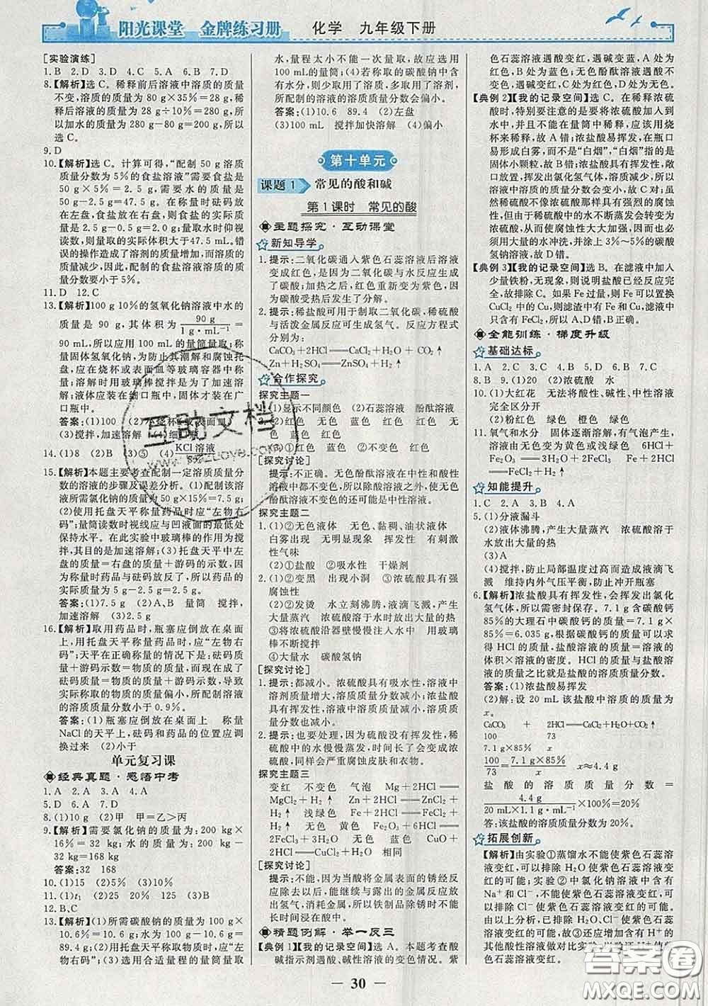 2020新版陽光課堂金牌練習(xí)冊九年級(jí)化學(xué)下冊人教版答案