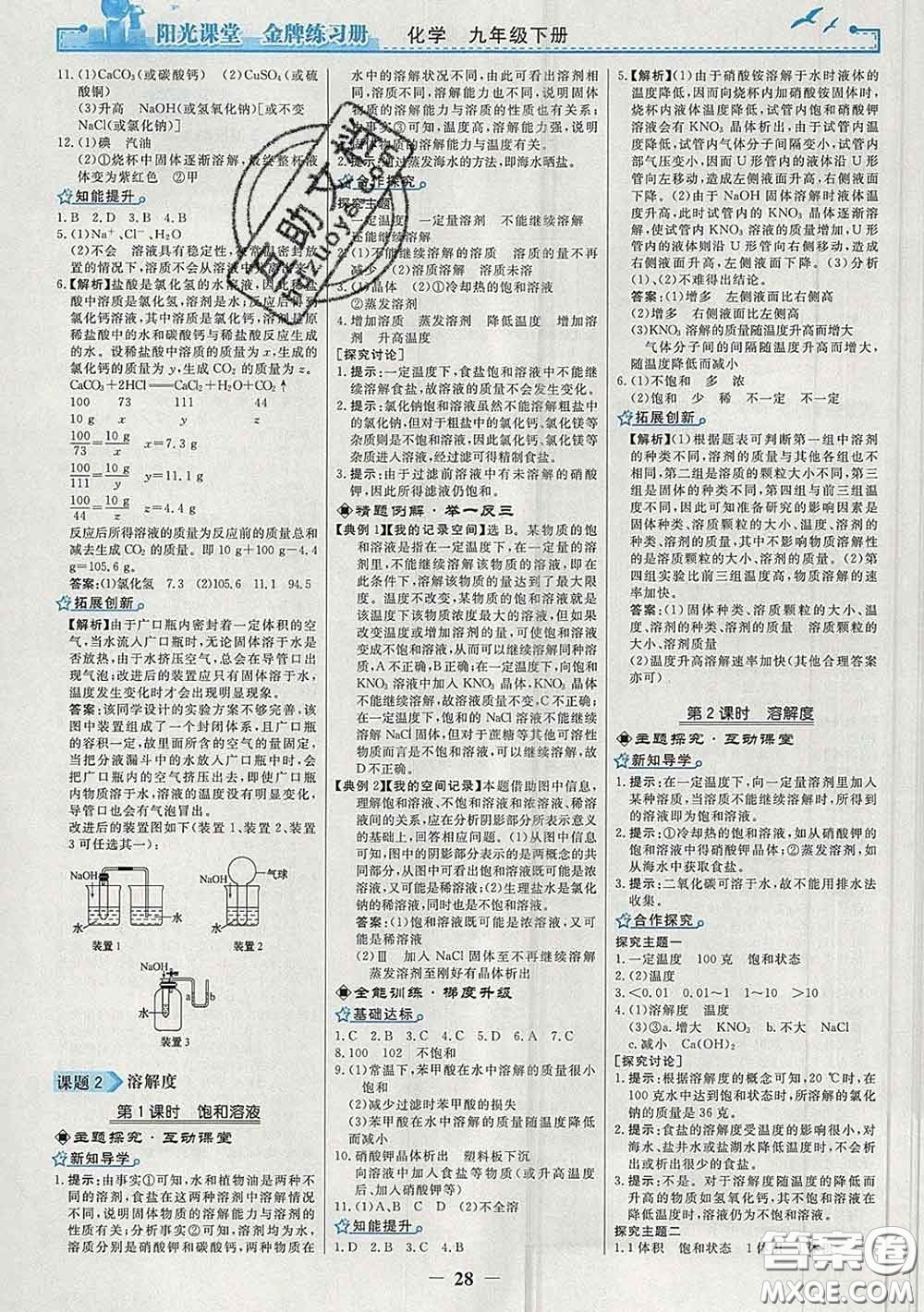 2020新版陽光課堂金牌練習(xí)冊九年級(jí)化學(xué)下冊人教版答案