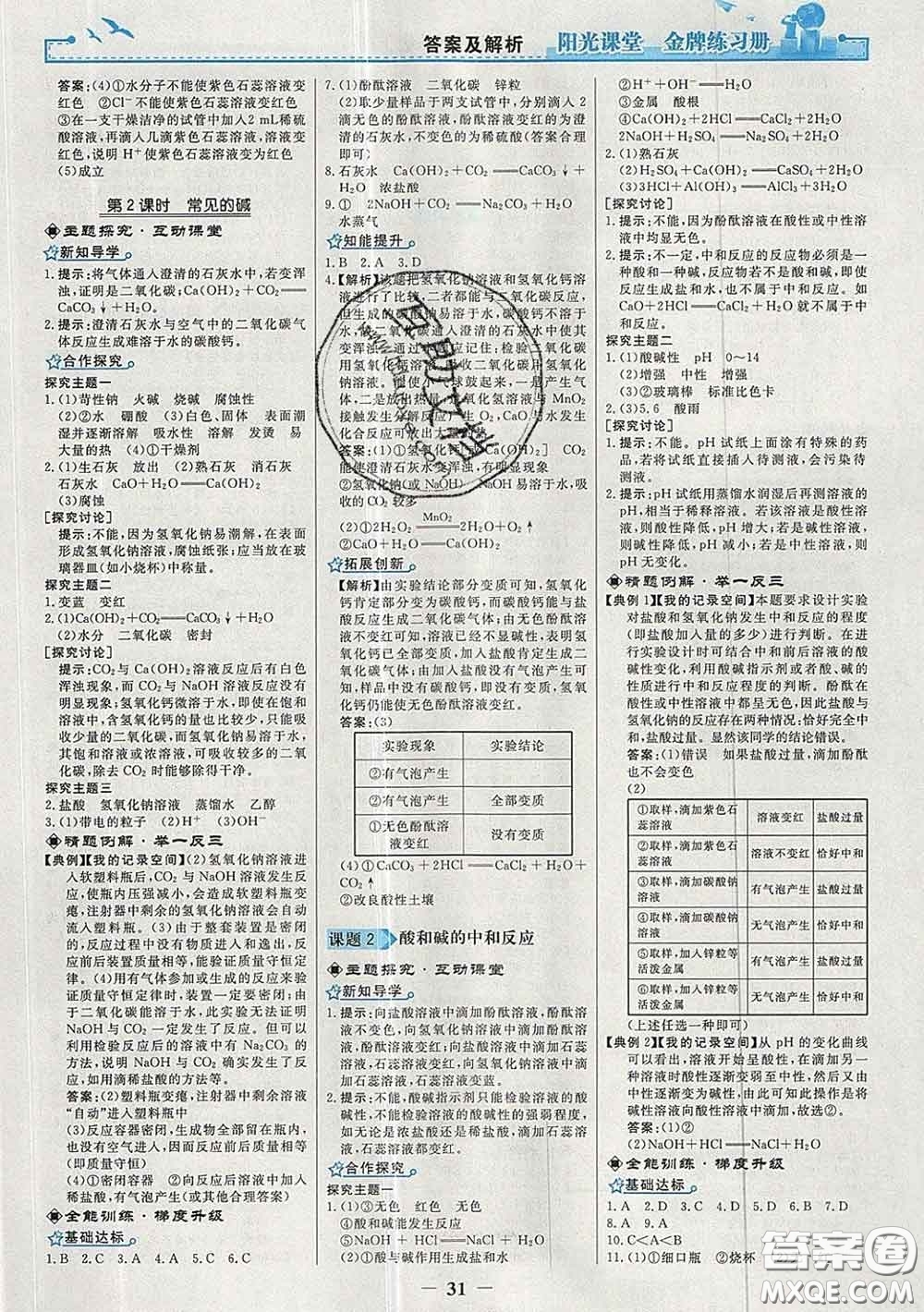 2020新版陽光課堂金牌練習(xí)冊九年級(jí)化學(xué)下冊人教版答案