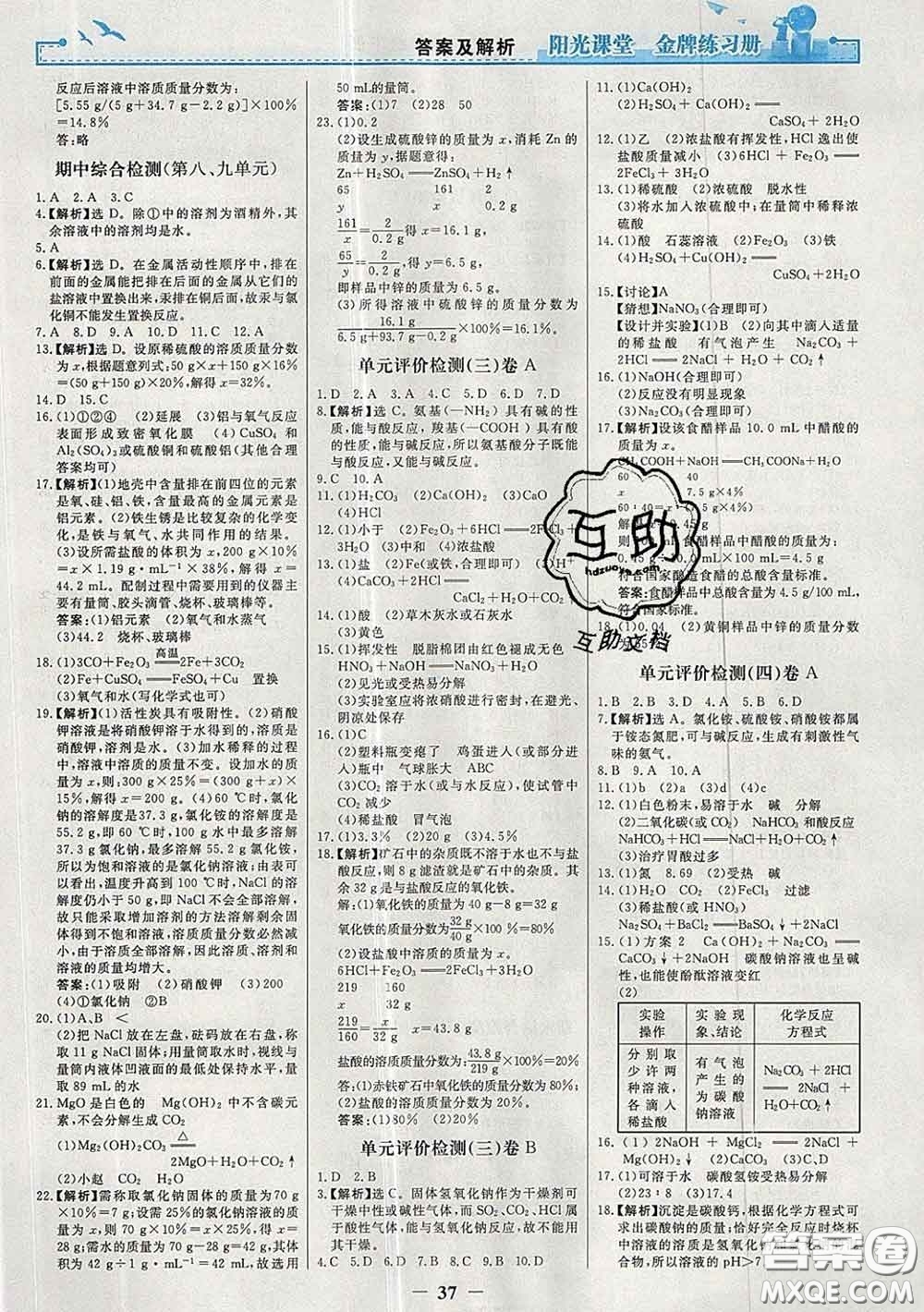 2020新版陽光課堂金牌練習(xí)冊九年級(jí)化學(xué)下冊人教版答案