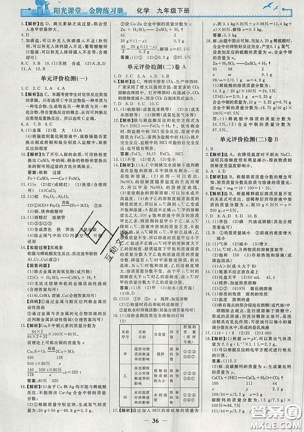 2020新版陽光課堂金牌練習(xí)冊九年級(jí)化學(xué)下冊人教版答案