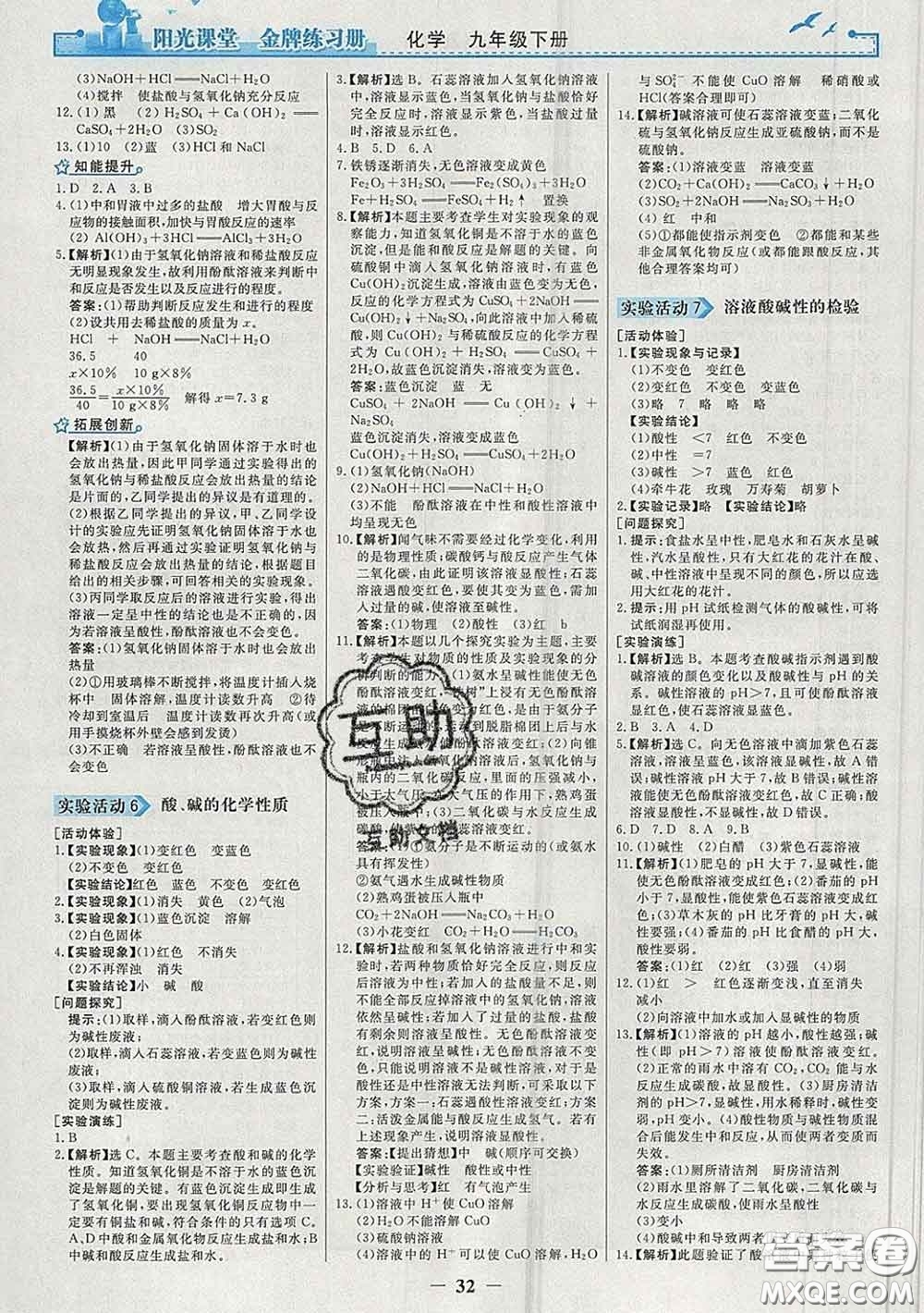 2020新版陽光課堂金牌練習(xí)冊九年級(jí)化學(xué)下冊人教版答案