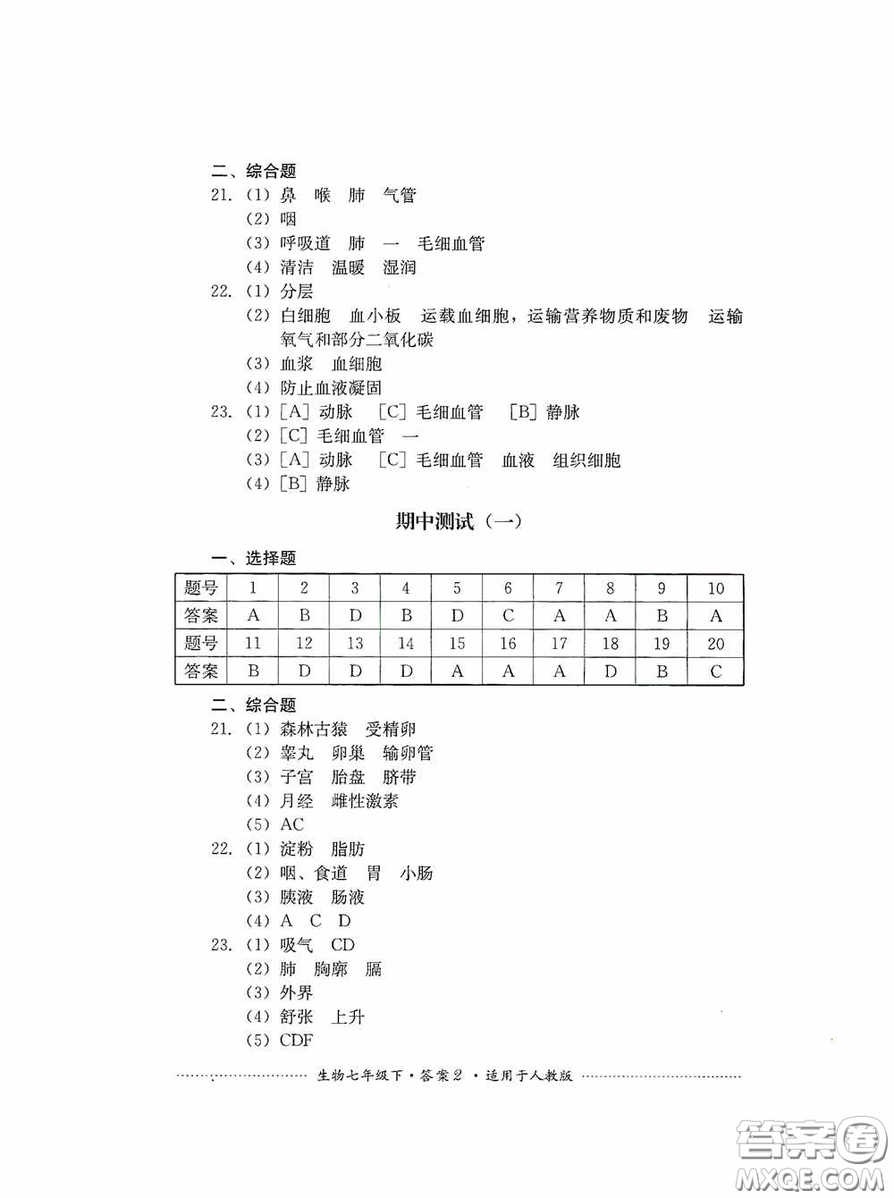 四川教育出版社2020課程標準初中單元測試生物七年級下冊人教版答案