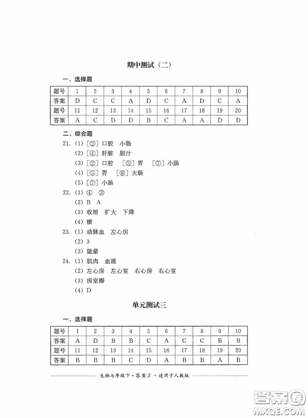 四川教育出版社2020課程標準初中單元測試生物七年級下冊人教版答案