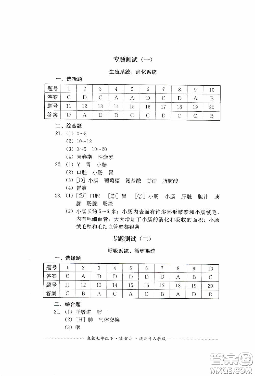 四川教育出版社2020課程標準初中單元測試生物七年級下冊人教版答案