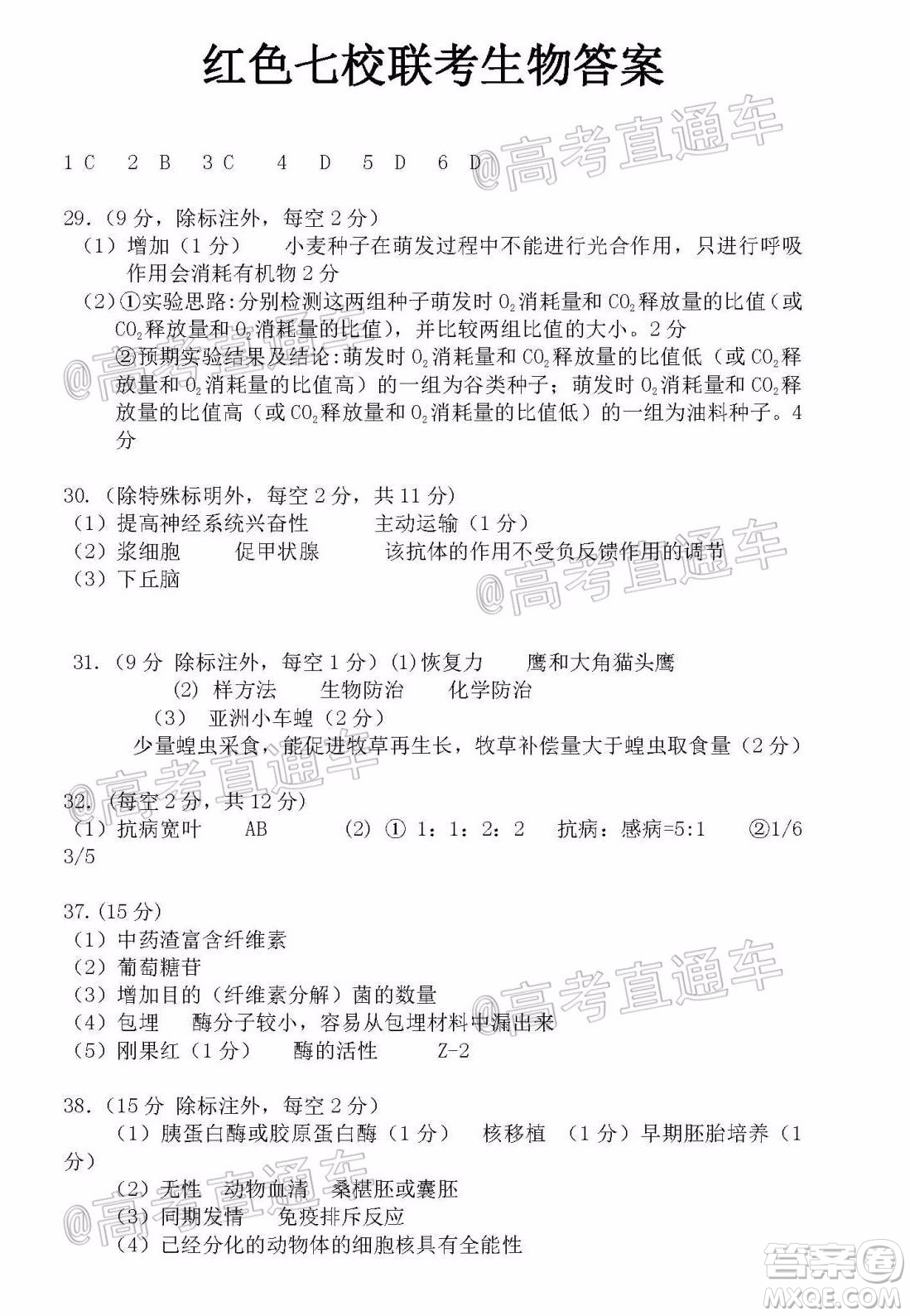 江西省紅色七校2020屆高三第二次聯(lián)考理科綜合答案