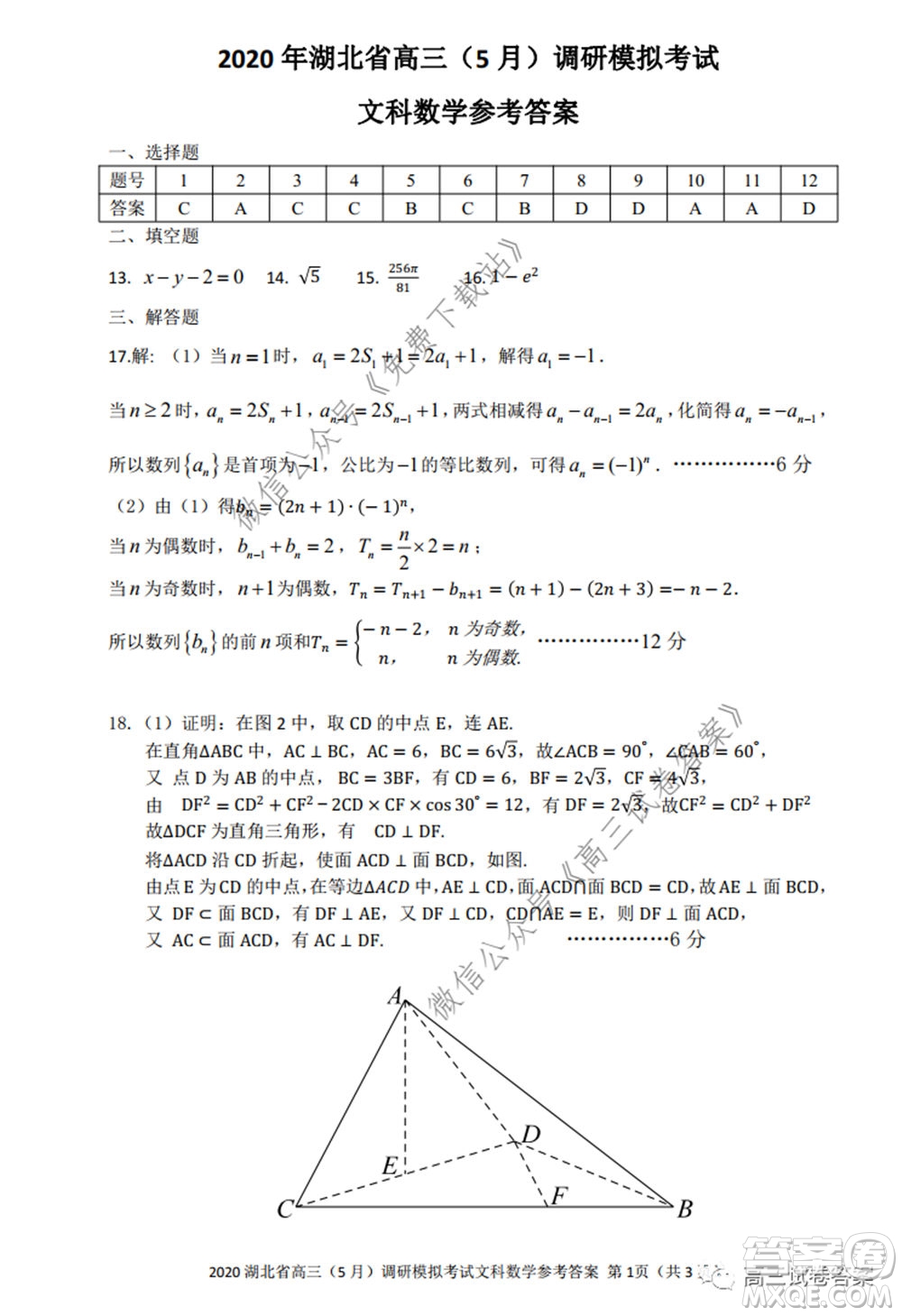 2020年湖北省高三5月調(diào)研模擬考試文科數(shù)學(xué)試題及答案