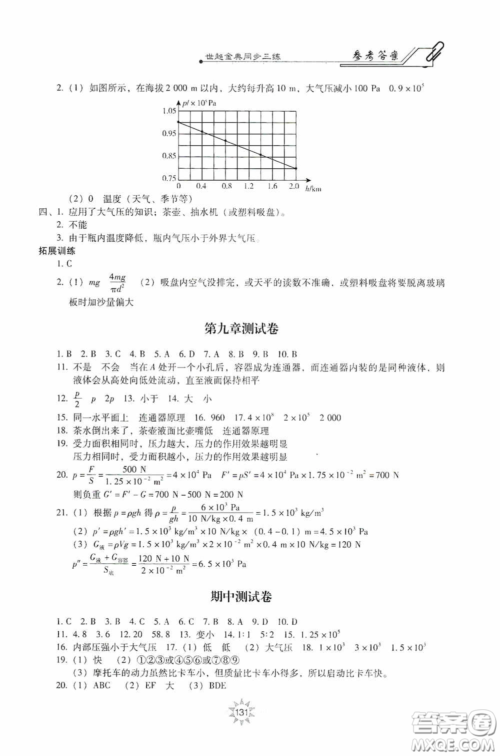 河北少年兒童出版社2020世超金典同步三練八年級物理下冊教科版答案