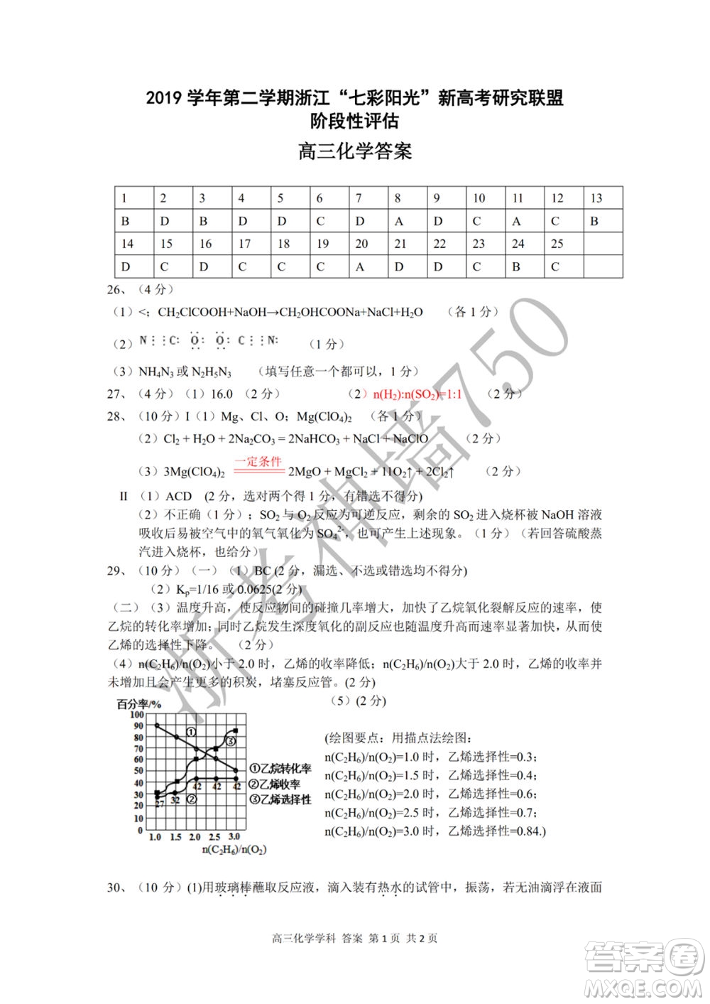 2019學(xué)年第二學(xué)期浙江七彩陽光新高考研究聯(lián)盟階段性評估高三化學(xué)試題及答案